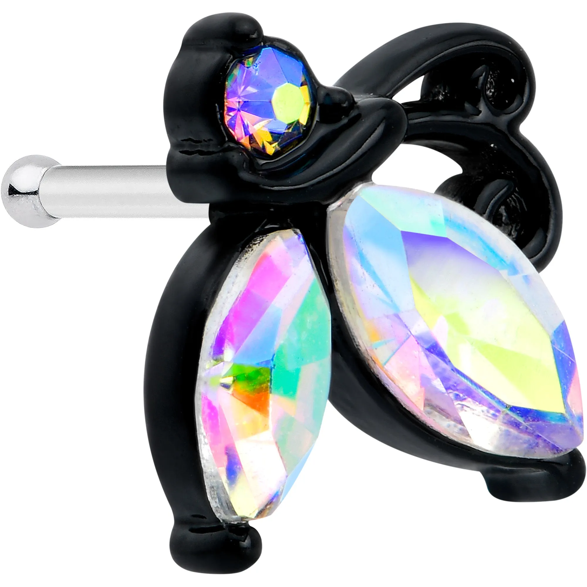 20 Gauge 1/4 Aurora CZ Gem Fleur de Lis Butterfly Black Nose Bone
