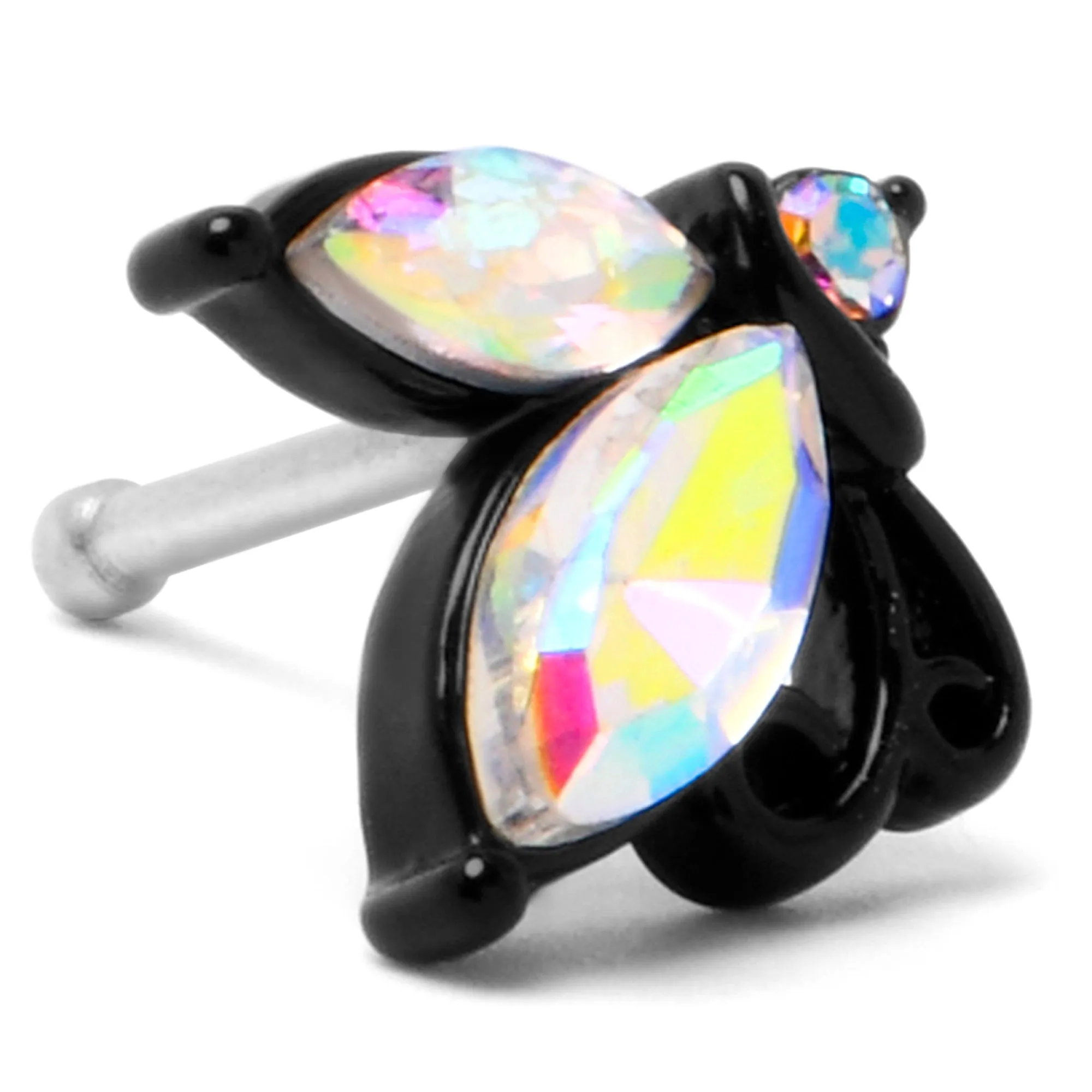 20 Gauge 1/4 Aurora CZ Gem Fleur de Lis Butterfly Black Nose Bone