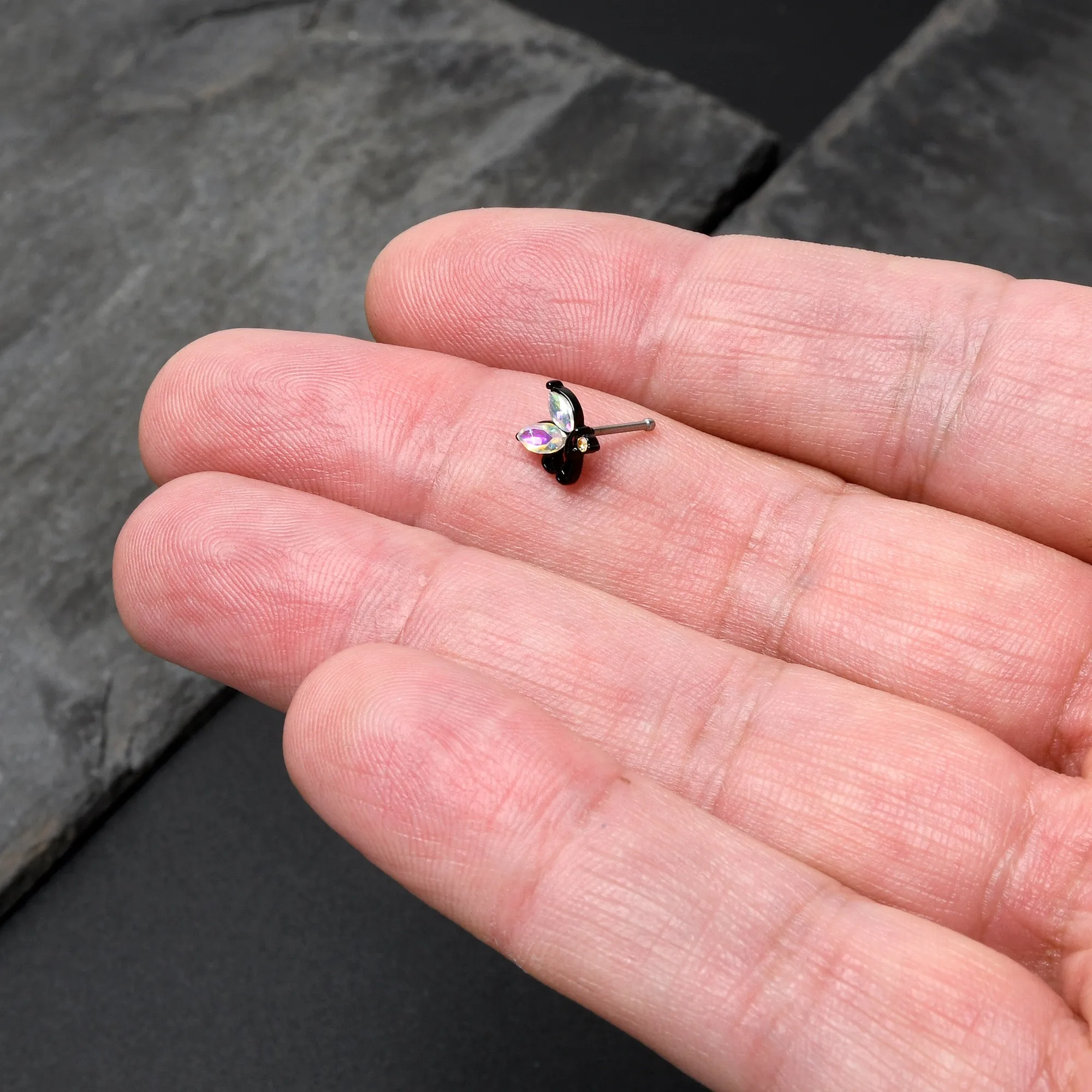 20 Gauge 1/4 Aurora CZ Gem Fleur de Lis Butterfly Black Nose Bone