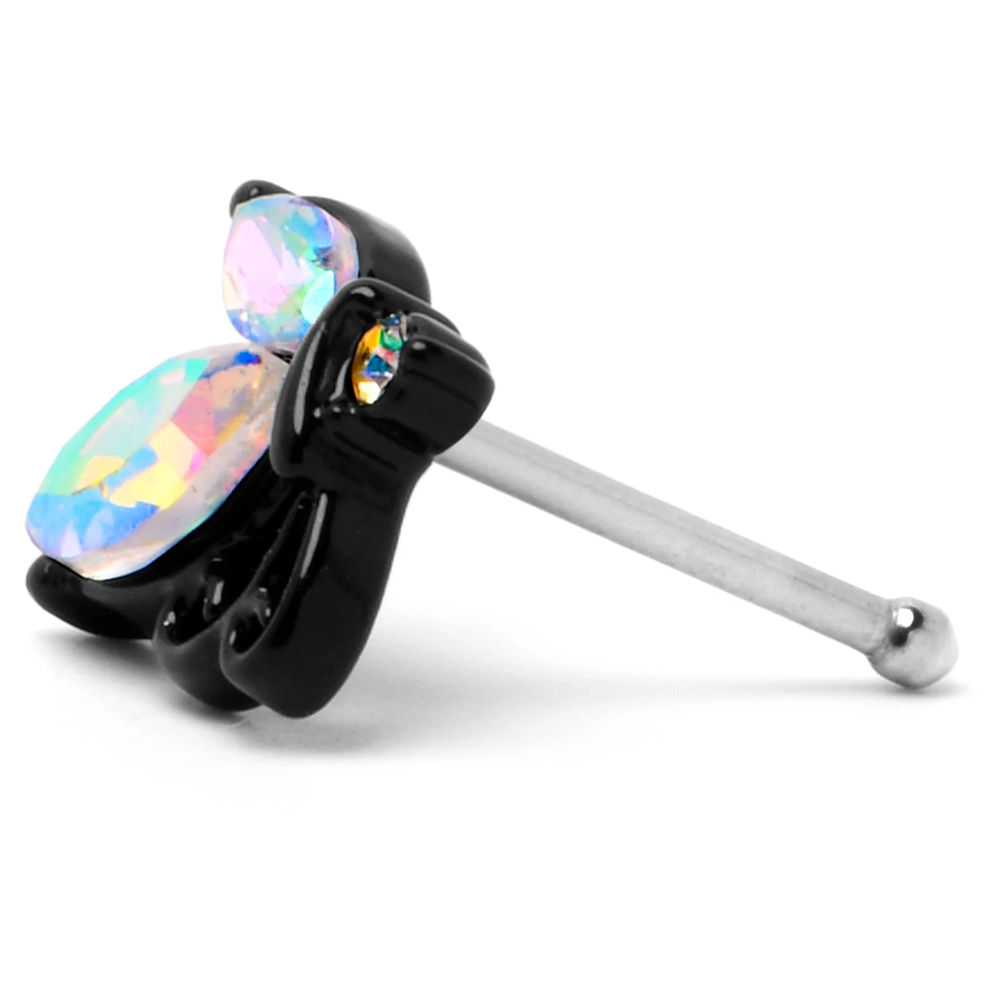 20 Gauge 1/4 Aurora CZ Gem Fleur de Lis Butterfly Black Nose Bone