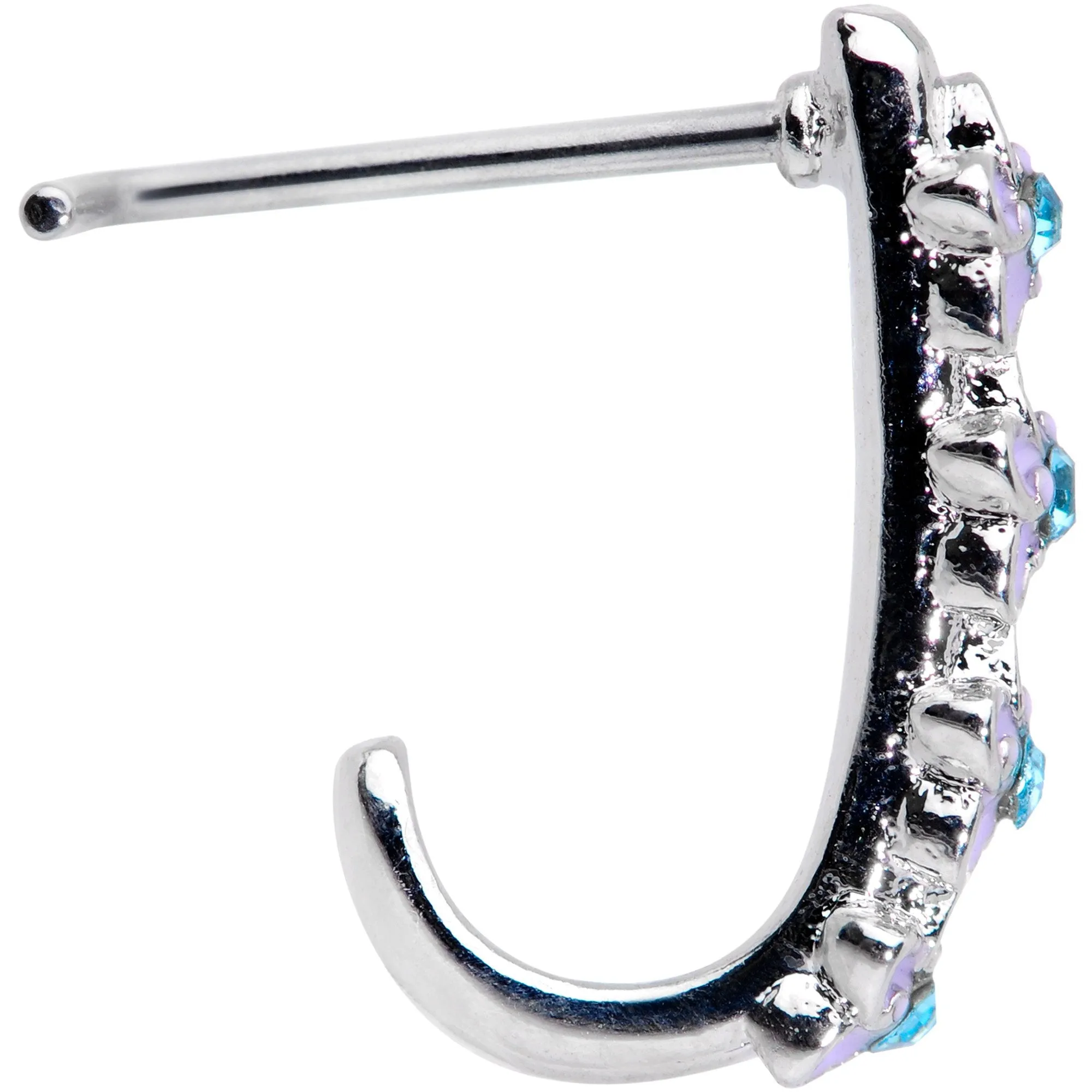 20 Gauge 3/16 Blue Gem Bouquet Flowers Faux Hoop L Shaped Nose Ring