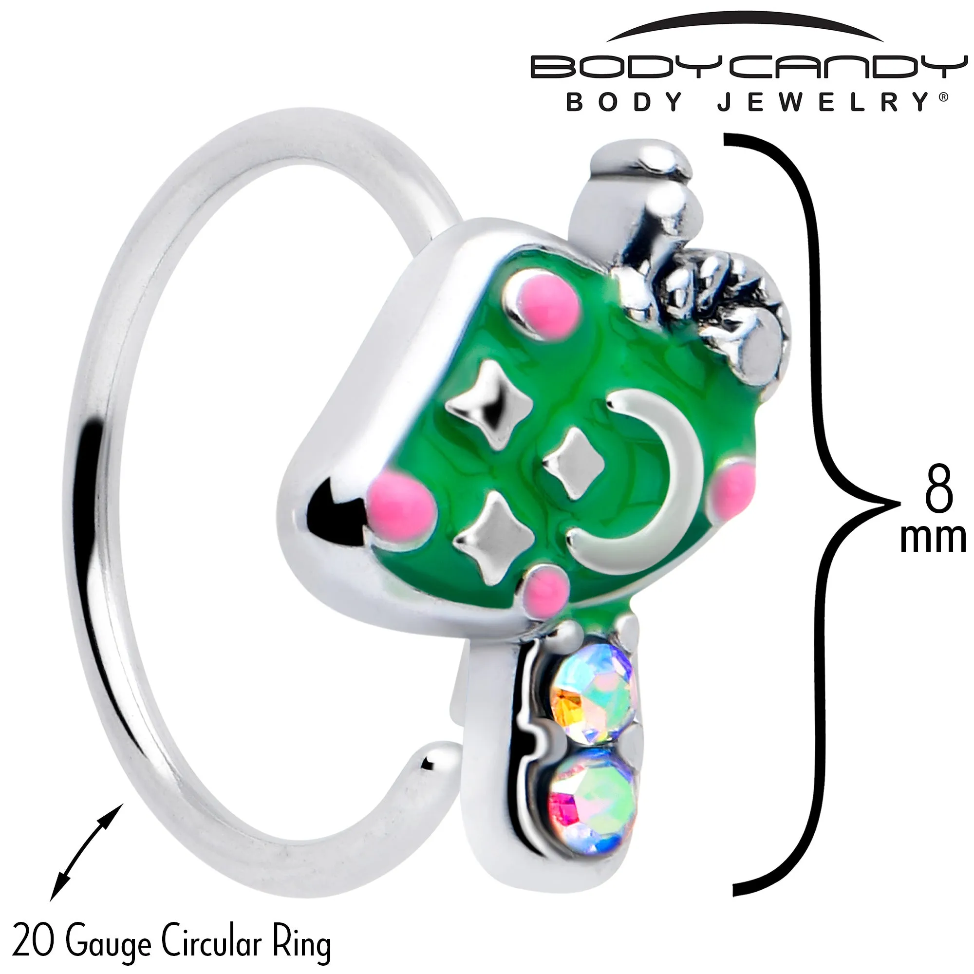 20 Gauge 5/16 Aurora Gem Fanciful Green Mushroom Nose Hoop