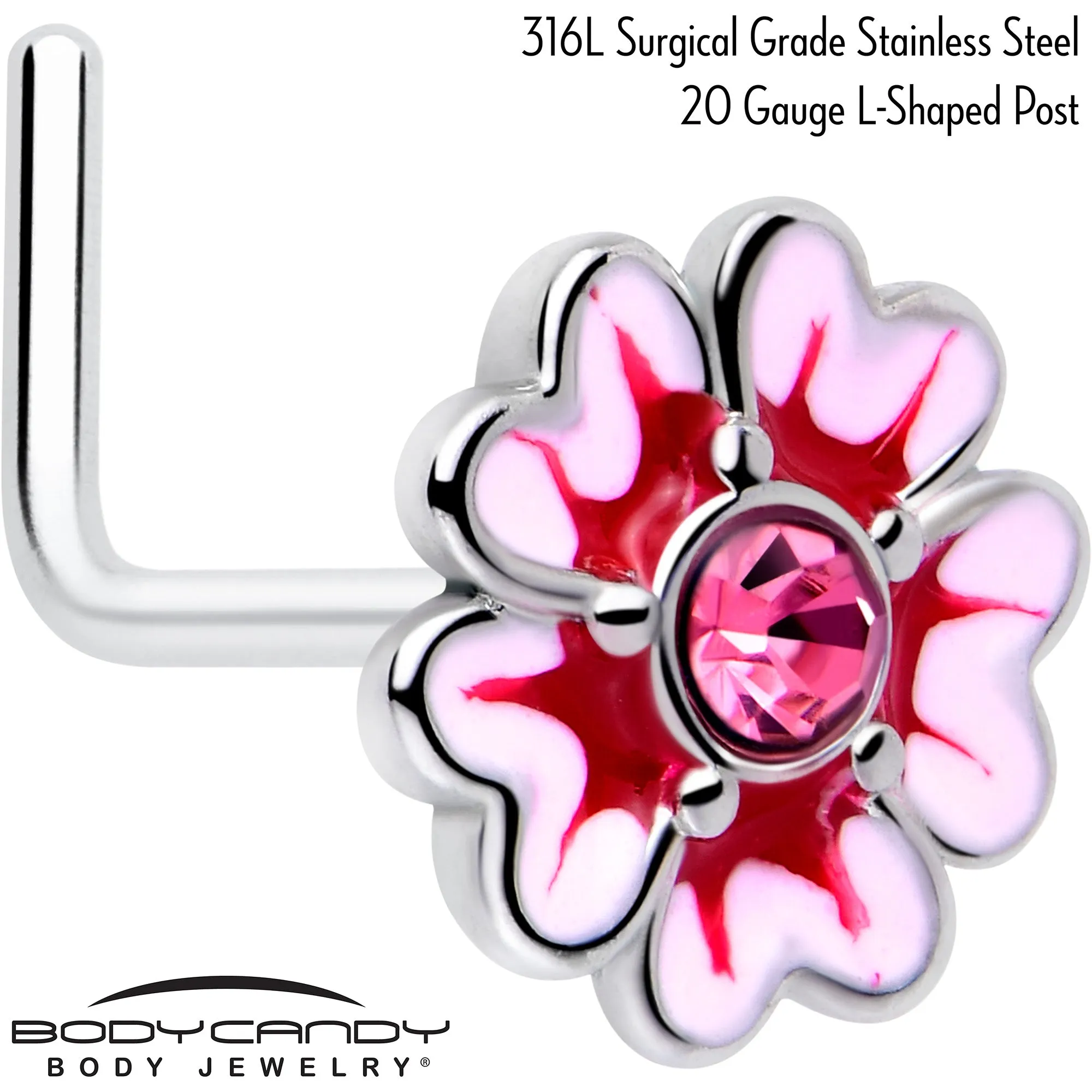 20 Gauge 5/16 Pink CZ Gem Dainty Pink Flower L Shape Nose Ring