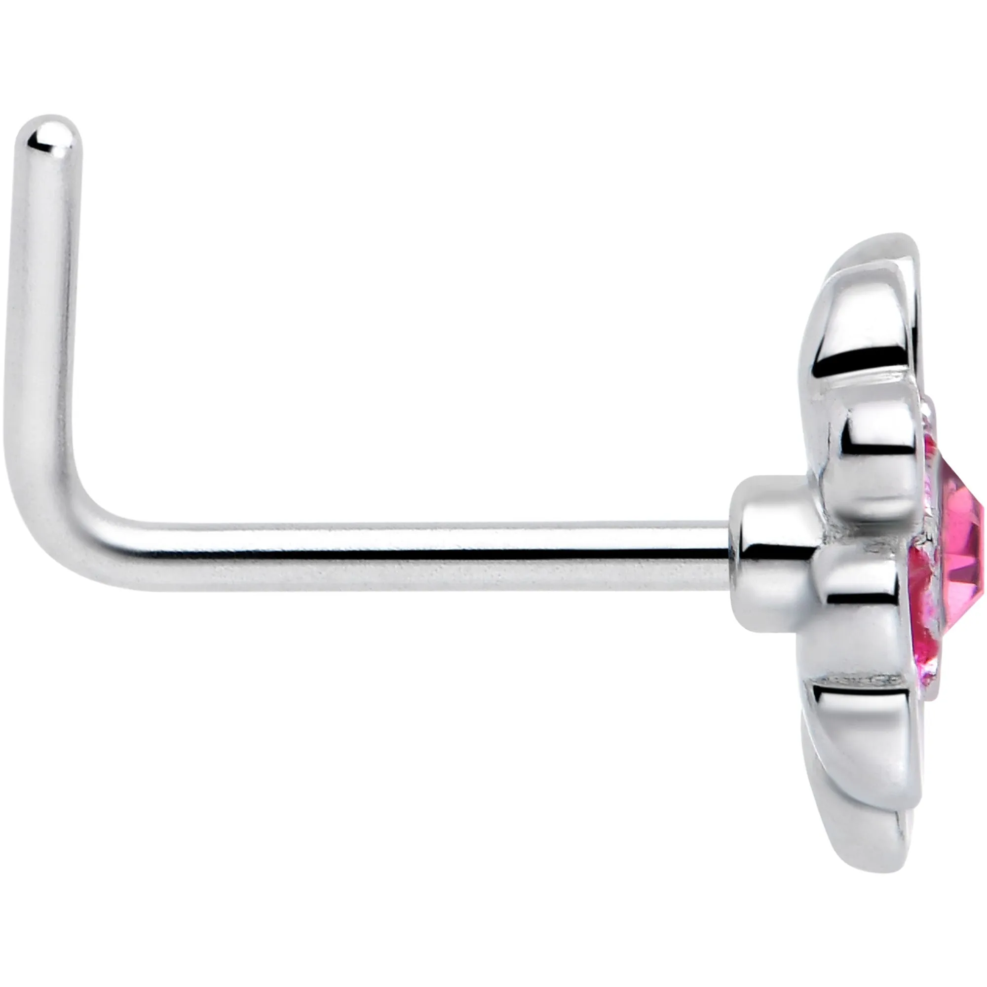 20 Gauge 5/16 Pink CZ Gem Dainty Pink Flower L Shape Nose Ring