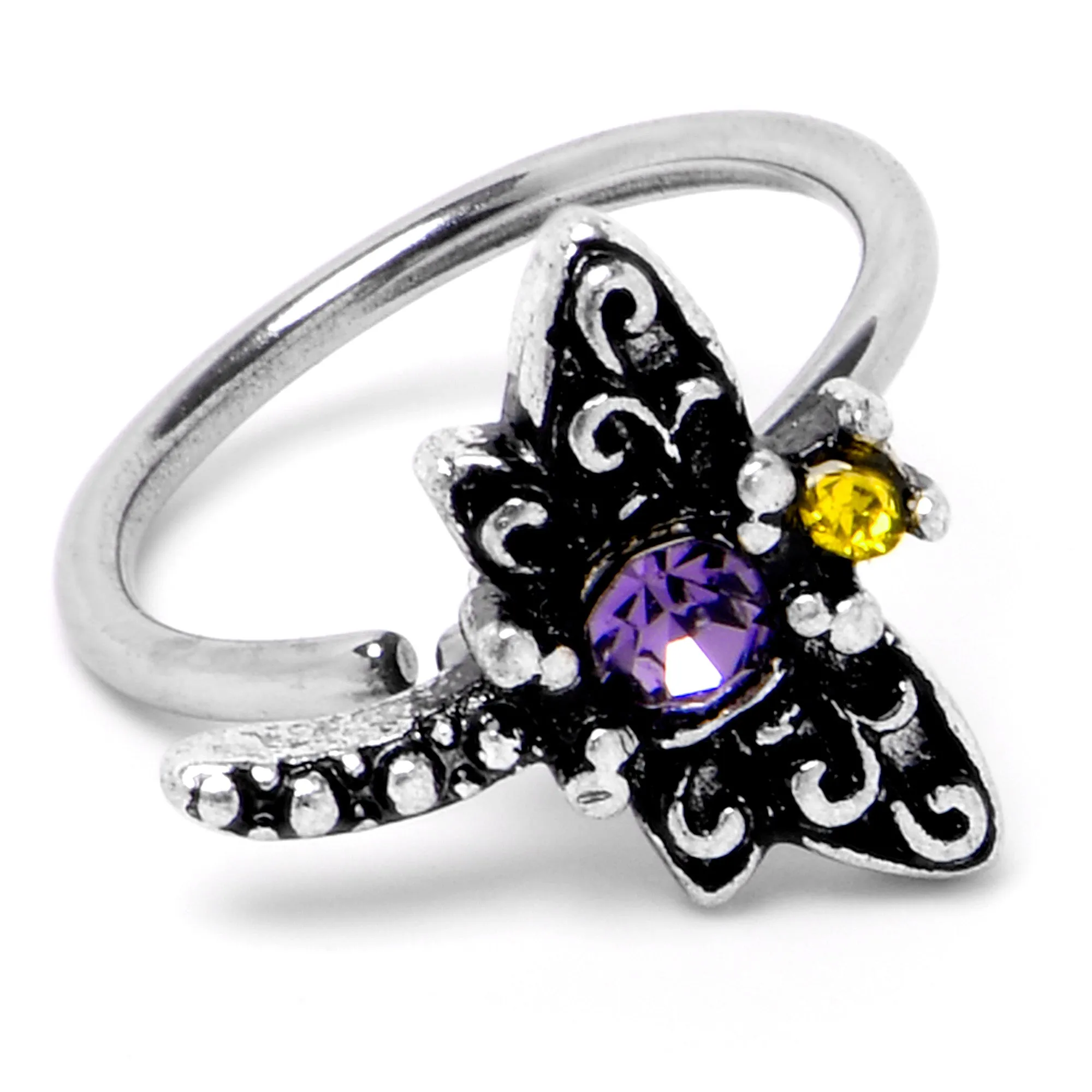 20 Gauge 5/16 Purple Yellow Gem Dragonfly Nose Hoop