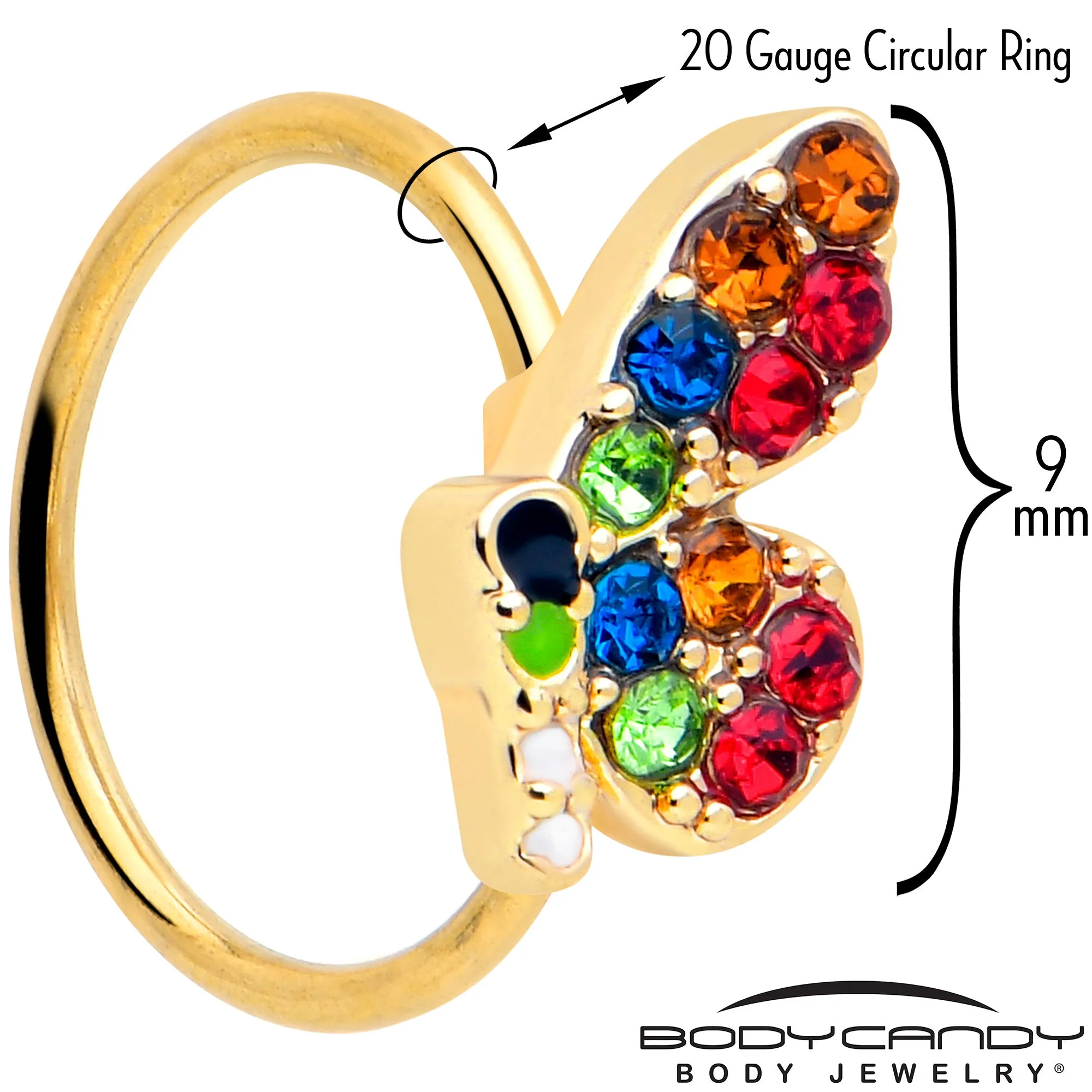 20 Gauge 5/16 Red Blue Gem Gold Tone Butterfly Nose Hoop