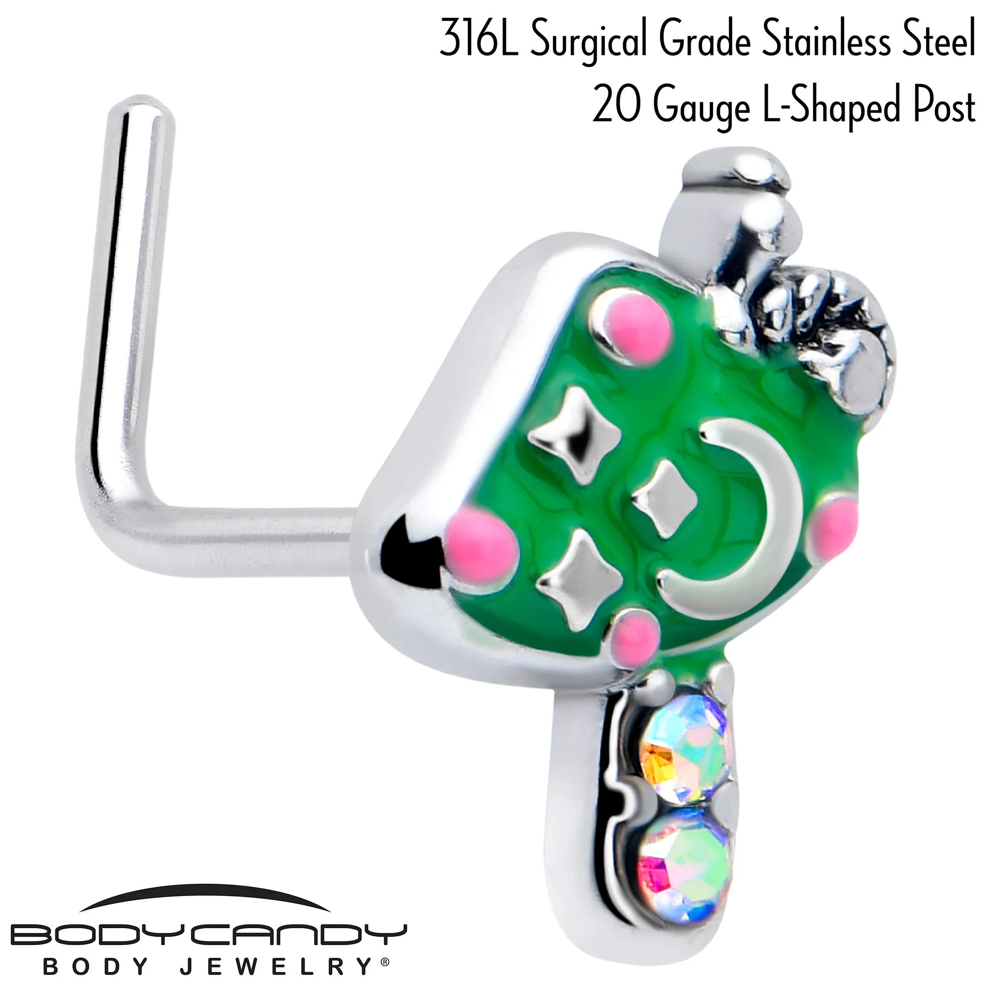 20 Gauge 7mm Aurora Gem Fanciful Green Mushroom L Shape Nose Ring