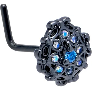 20 Gauge  7mm Blue Aurora Gem Black Night Blossom L Shape Nose Ring