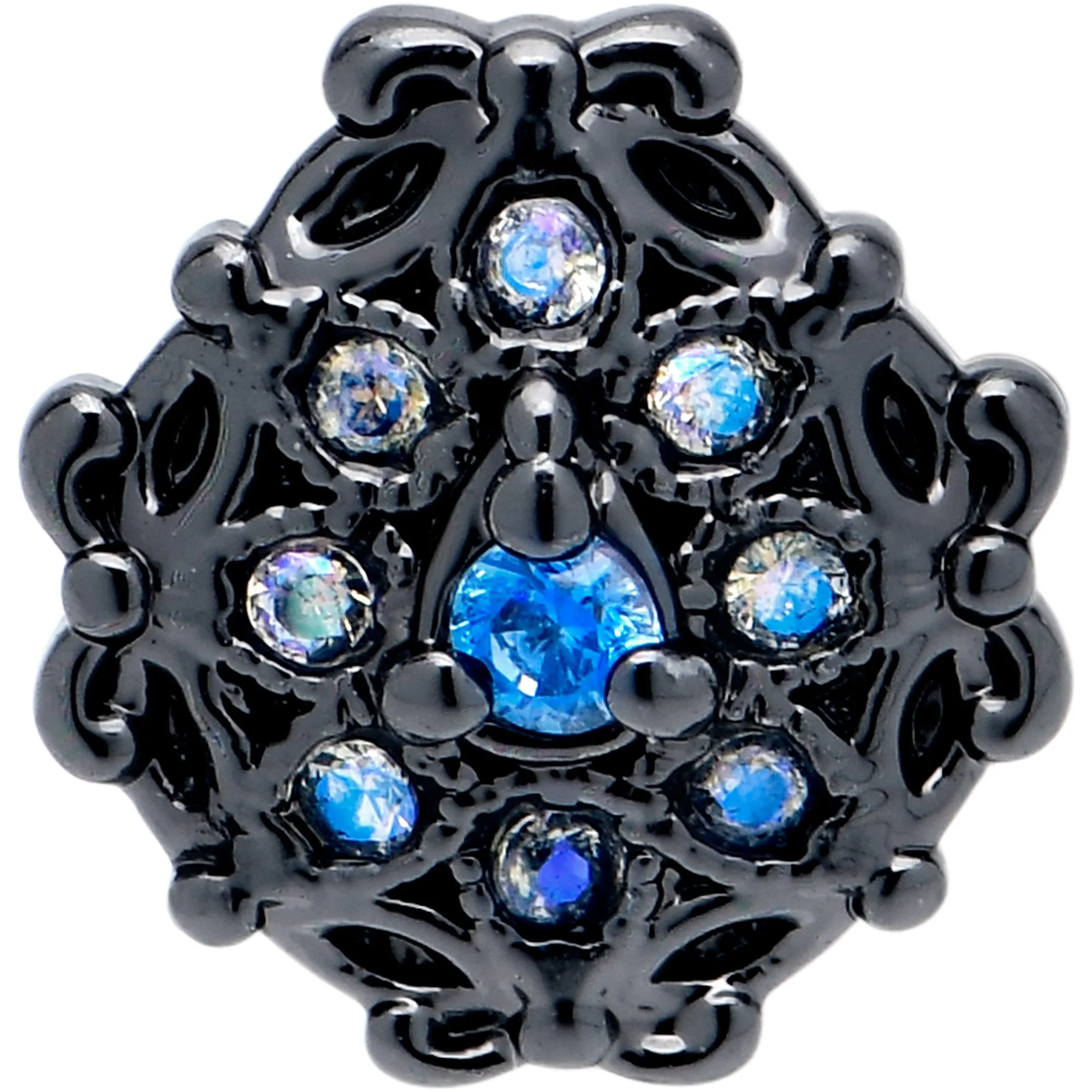 20 Gauge  7mm Blue Aurora Gem Black Night Blossom L Shape Nose Ring