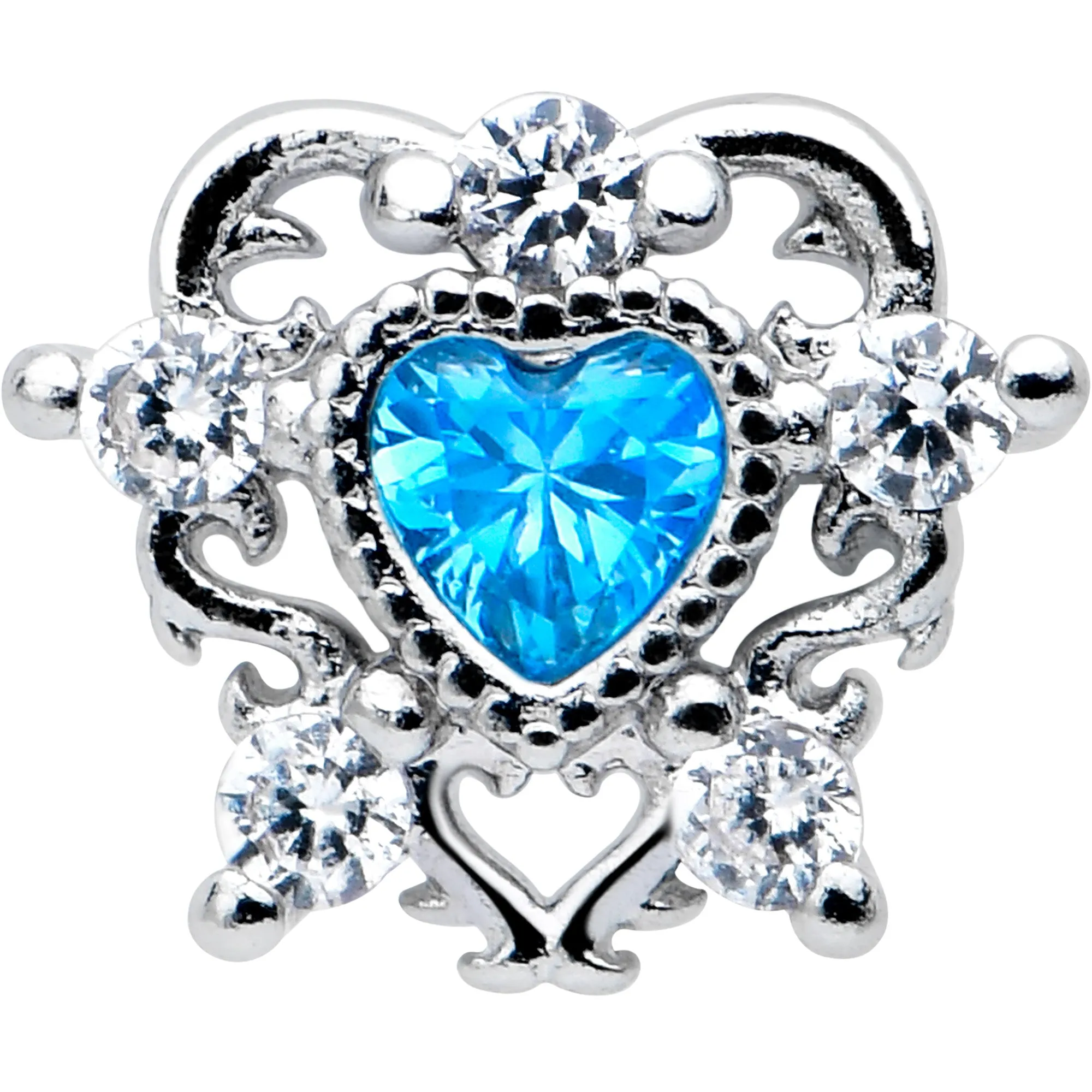 20 Gauge 7mm Blue Clear CZ Gem Heart Pair L Shape Nose Ring