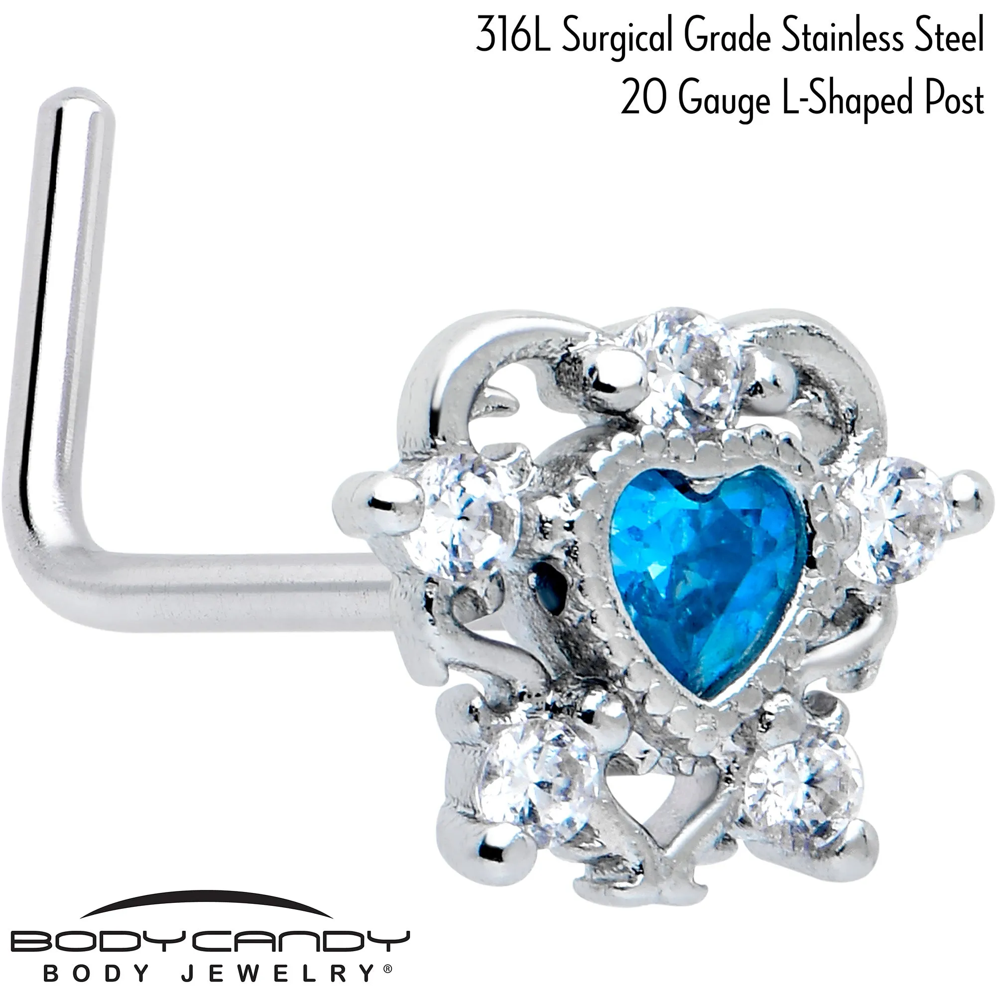 20 Gauge 7mm Blue Clear CZ Gem Heart Pair L Shape Nose Ring