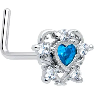 20 Gauge 7mm Blue Clear CZ Gem Heart Pair L Shape Nose Ring