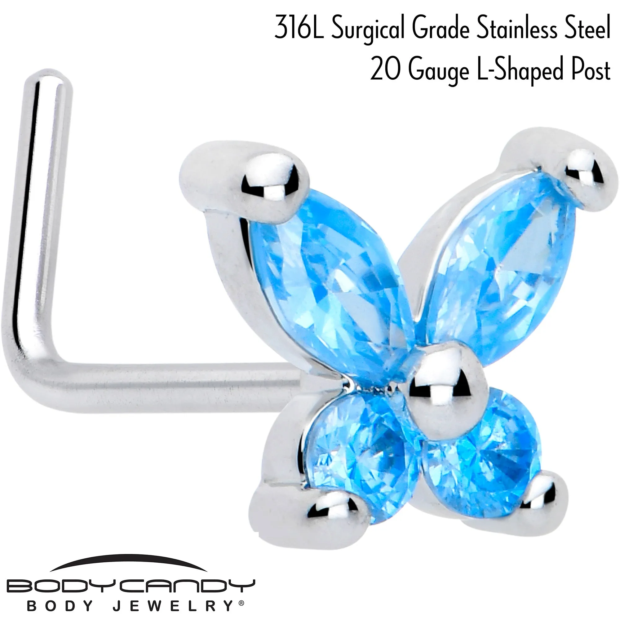 20 Gauge 7mm Blue CZ Gem Open Wing Butterfly L Shape Nose Ring