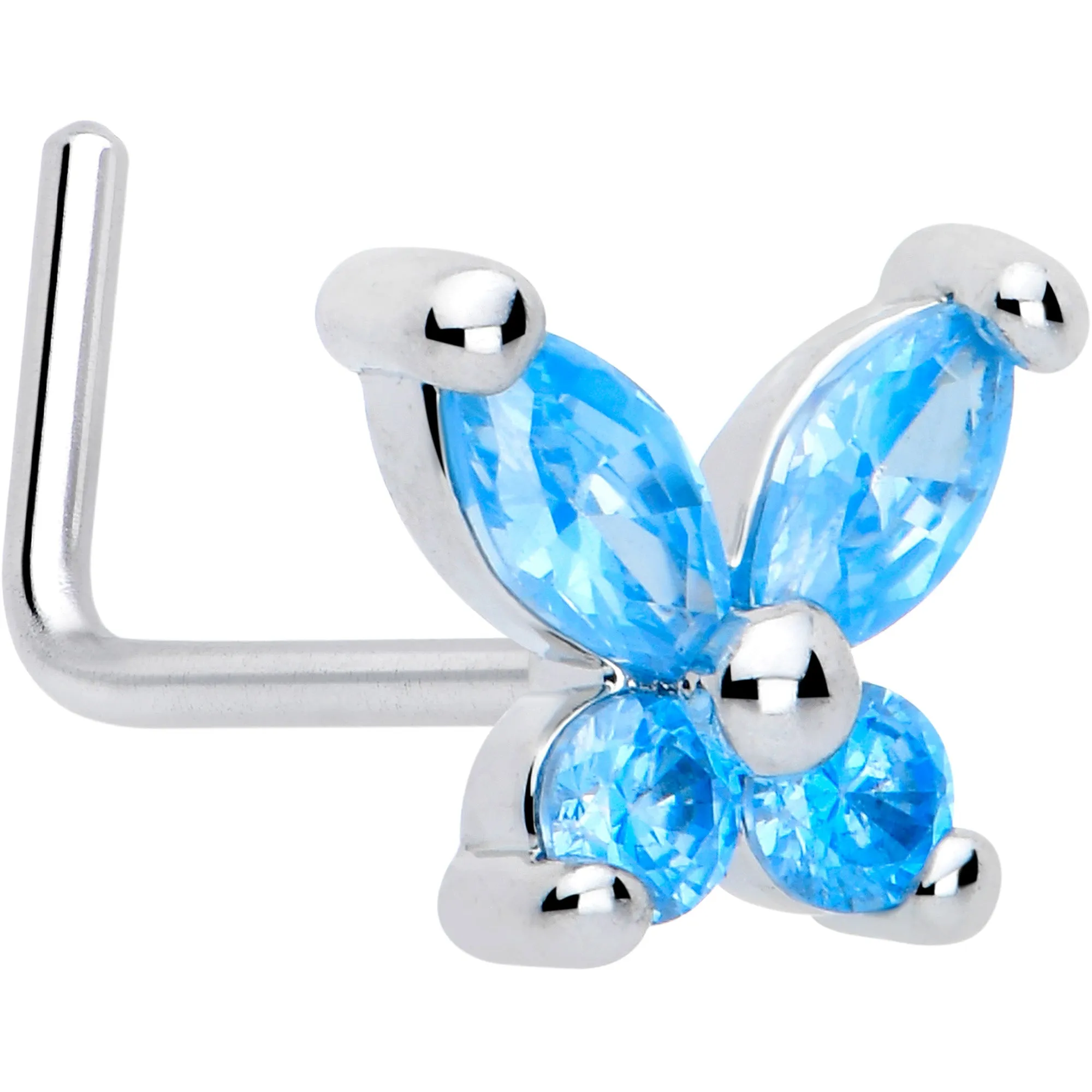 20 Gauge 7mm Blue CZ Gem Open Wing Butterfly L Shape Nose Ring