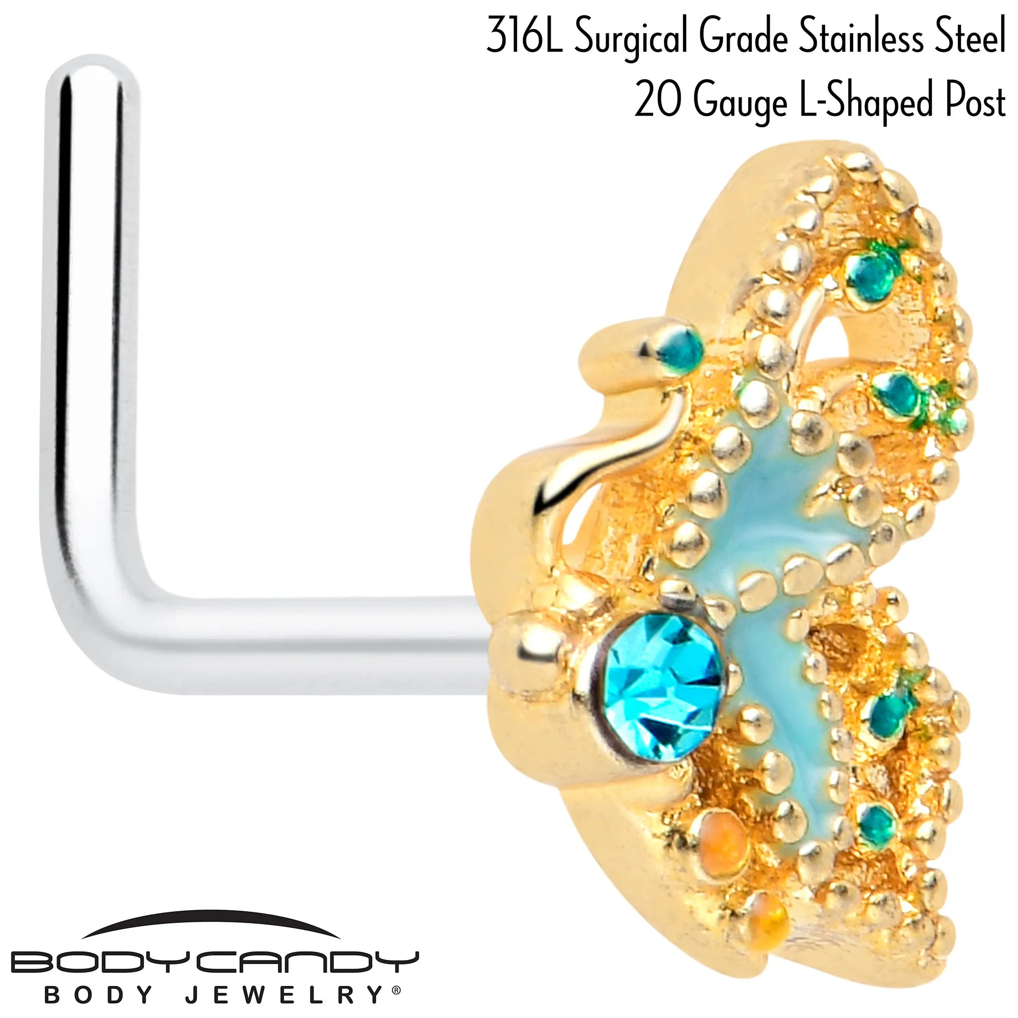 20 Gauge 7mm Blue Gem Ribbon Butterfly L Shape Nose Ring