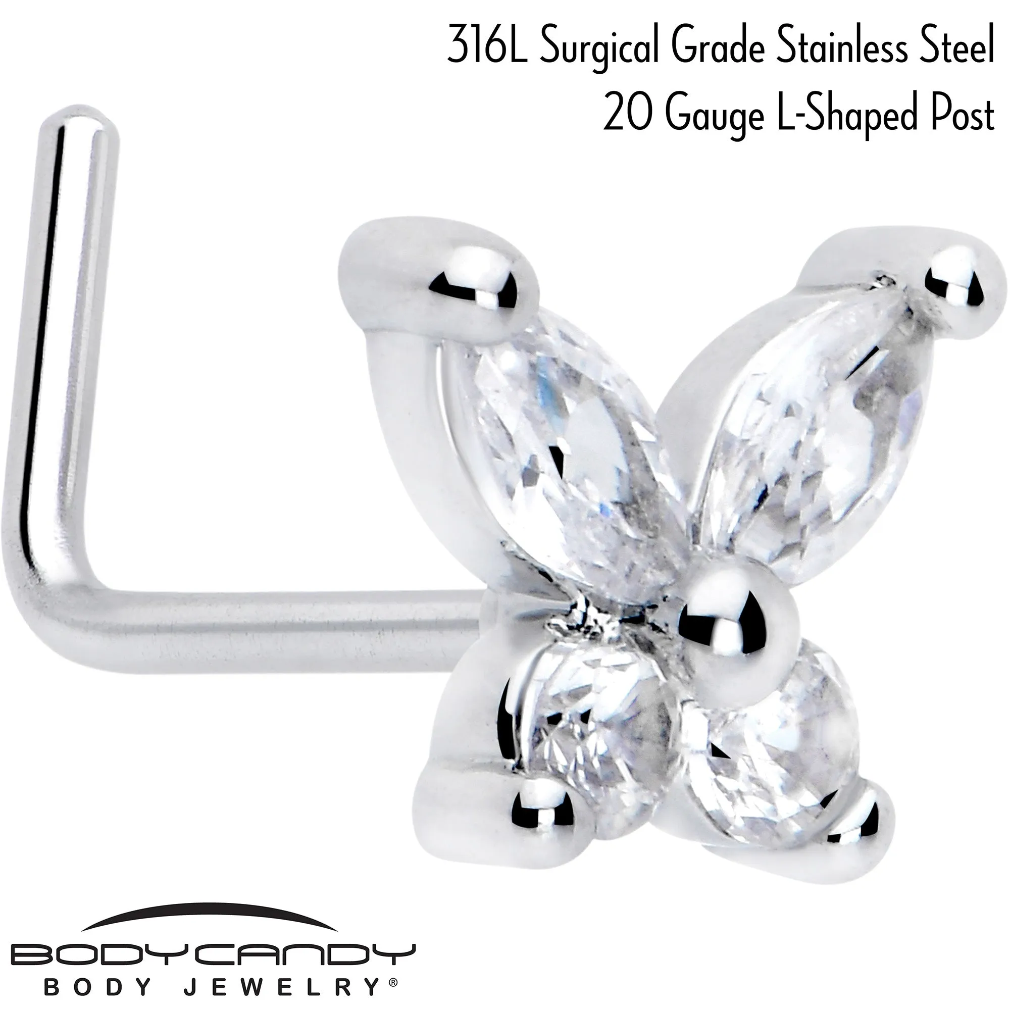 20 Gauge 7mm Clear CZ Gem Open Wing Butterfly L Shape Nose Ring