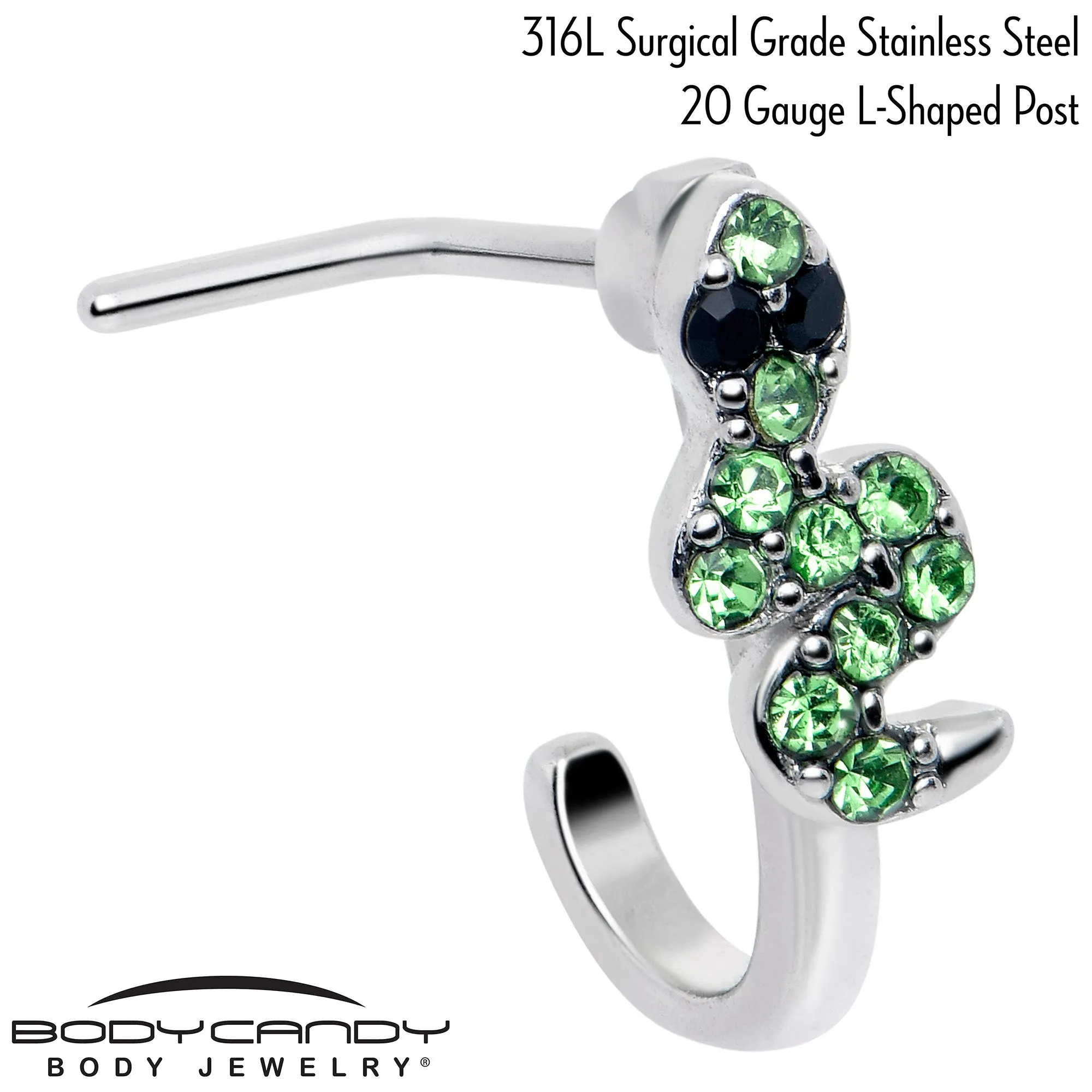 20 Gauge 7mm Green Gem Snake Sweetie Faux Hoop L Shape Nose Ring