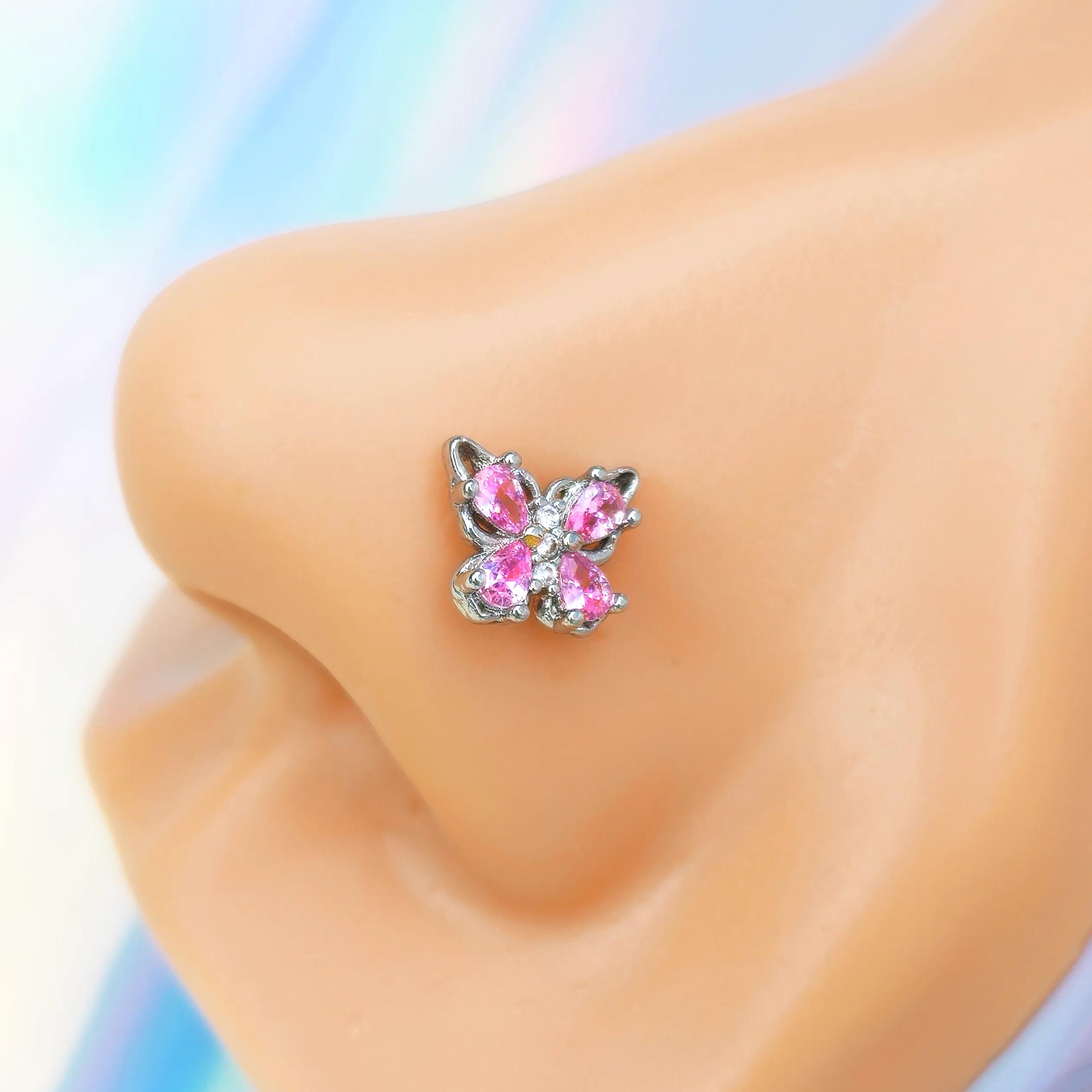 20 Gauge 7mm Pink Gem Baroque Beauty Butterfly Left Side Nose Screw