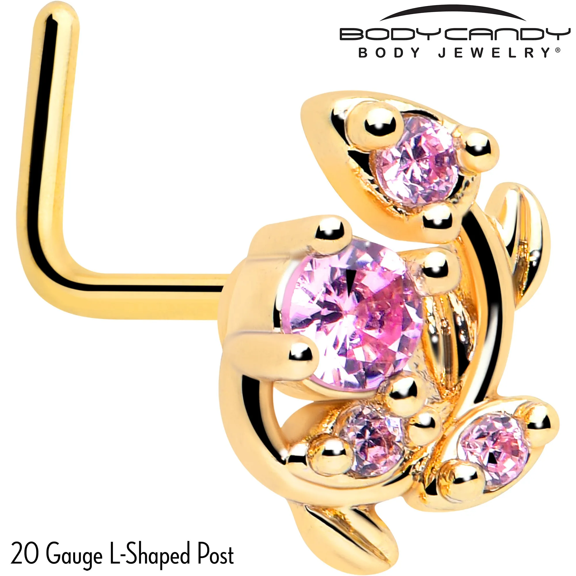 20 Gauge 7mm Pink Gem Gold Tone Twining Vine L Shape Nose Ring