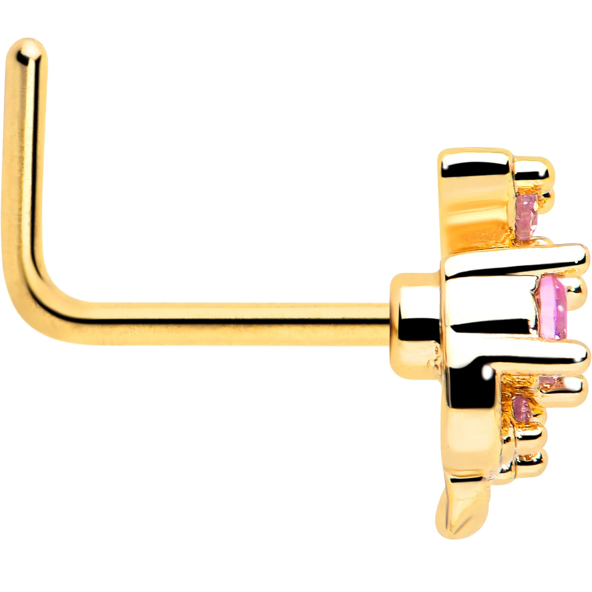 20 Gauge 7mm Pink Gem Gold Tone Twining Vine L Shape Nose Ring