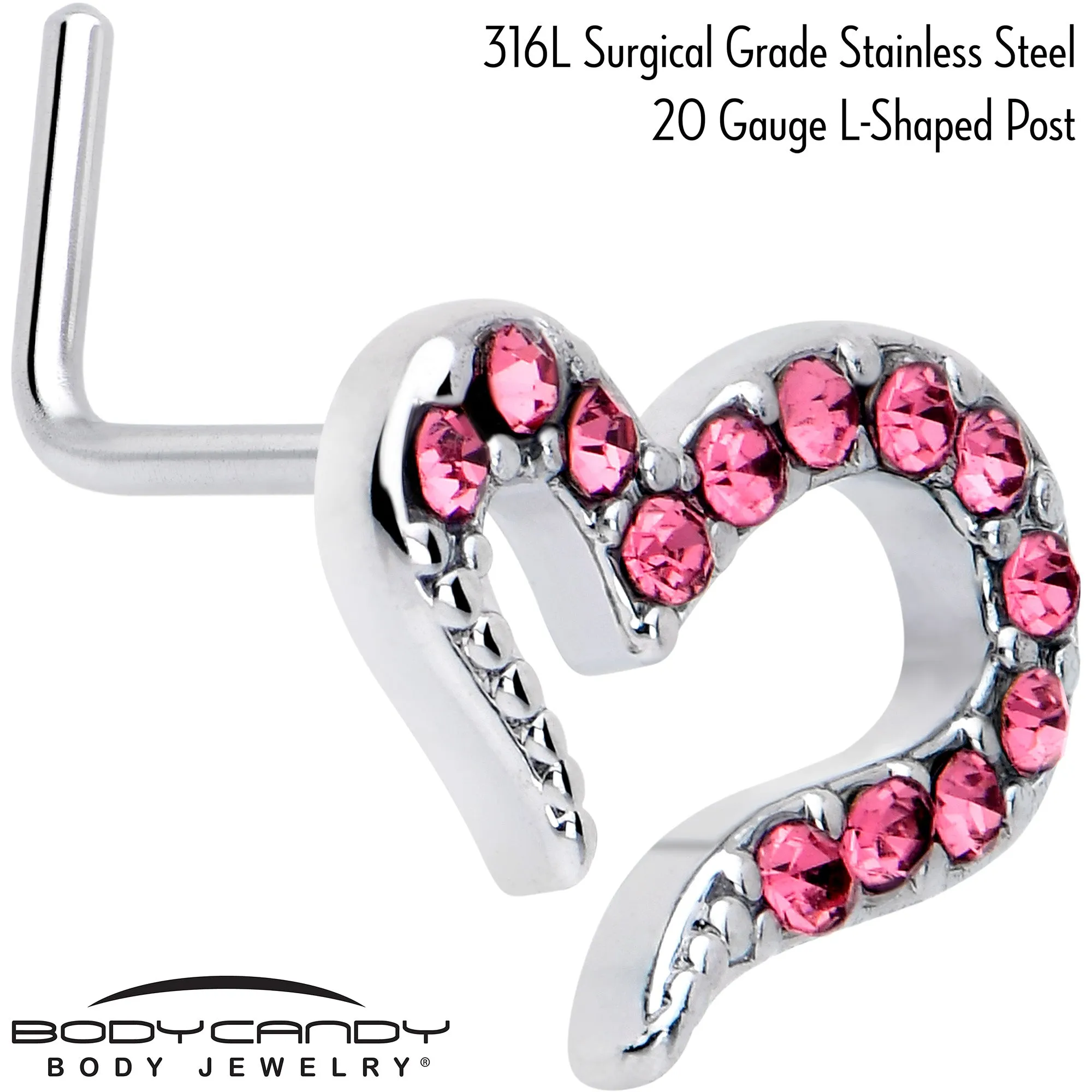 20 Gauge 7mm Pink Gem Stylized Heart L Shape Nose Ring