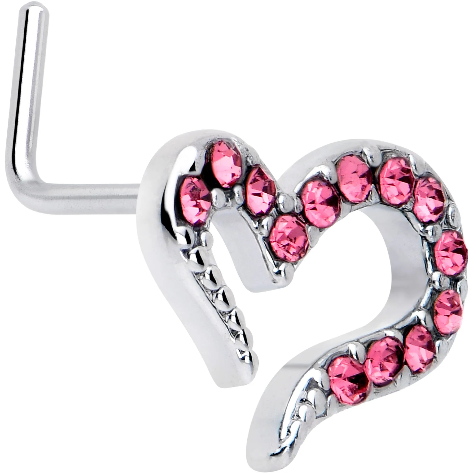 20 Gauge 7mm Pink Gem Stylized Heart L Shape Nose Ring