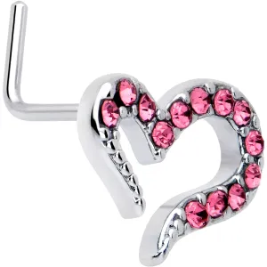 20 Gauge 7mm Pink Gem Stylized Heart L Shape Nose Ring