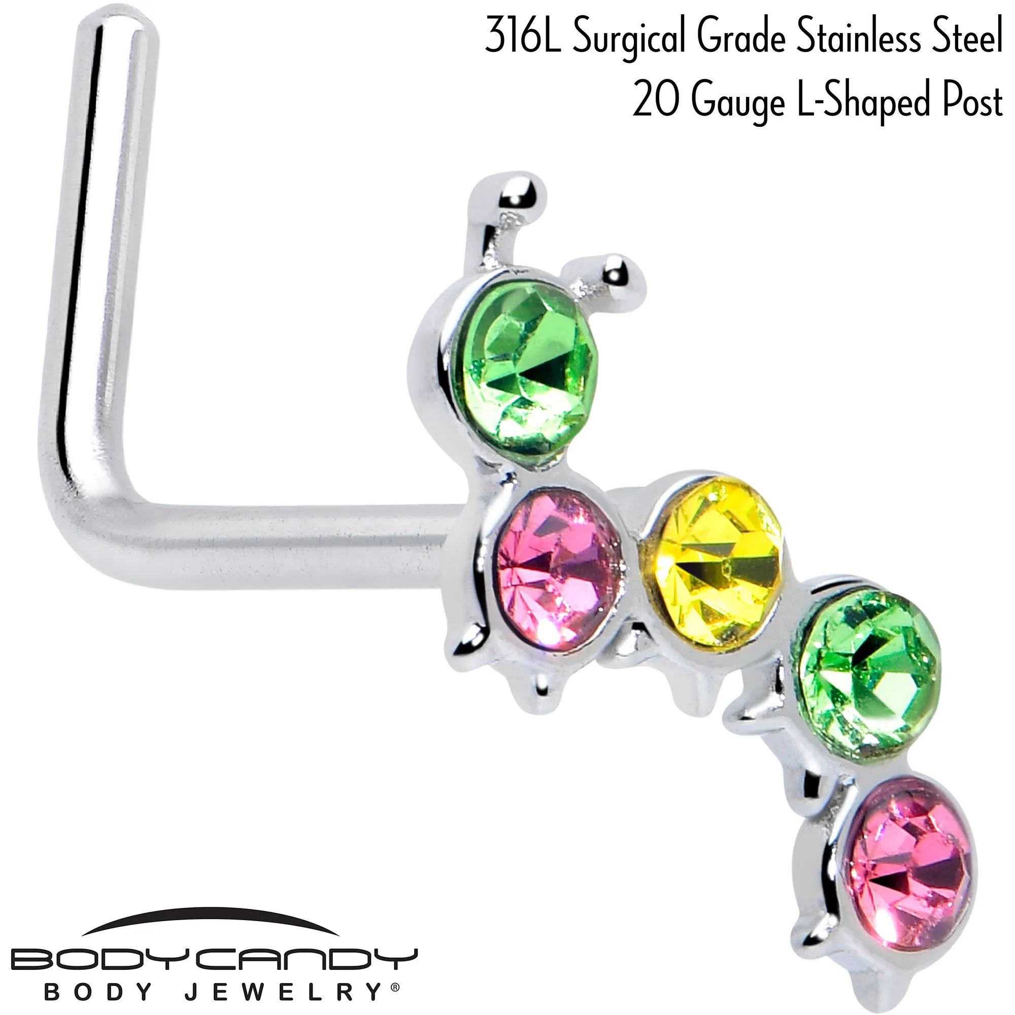 20 Gauge 7mm Pink Green CZ Gem Caterpillar L Shape Nose Ring