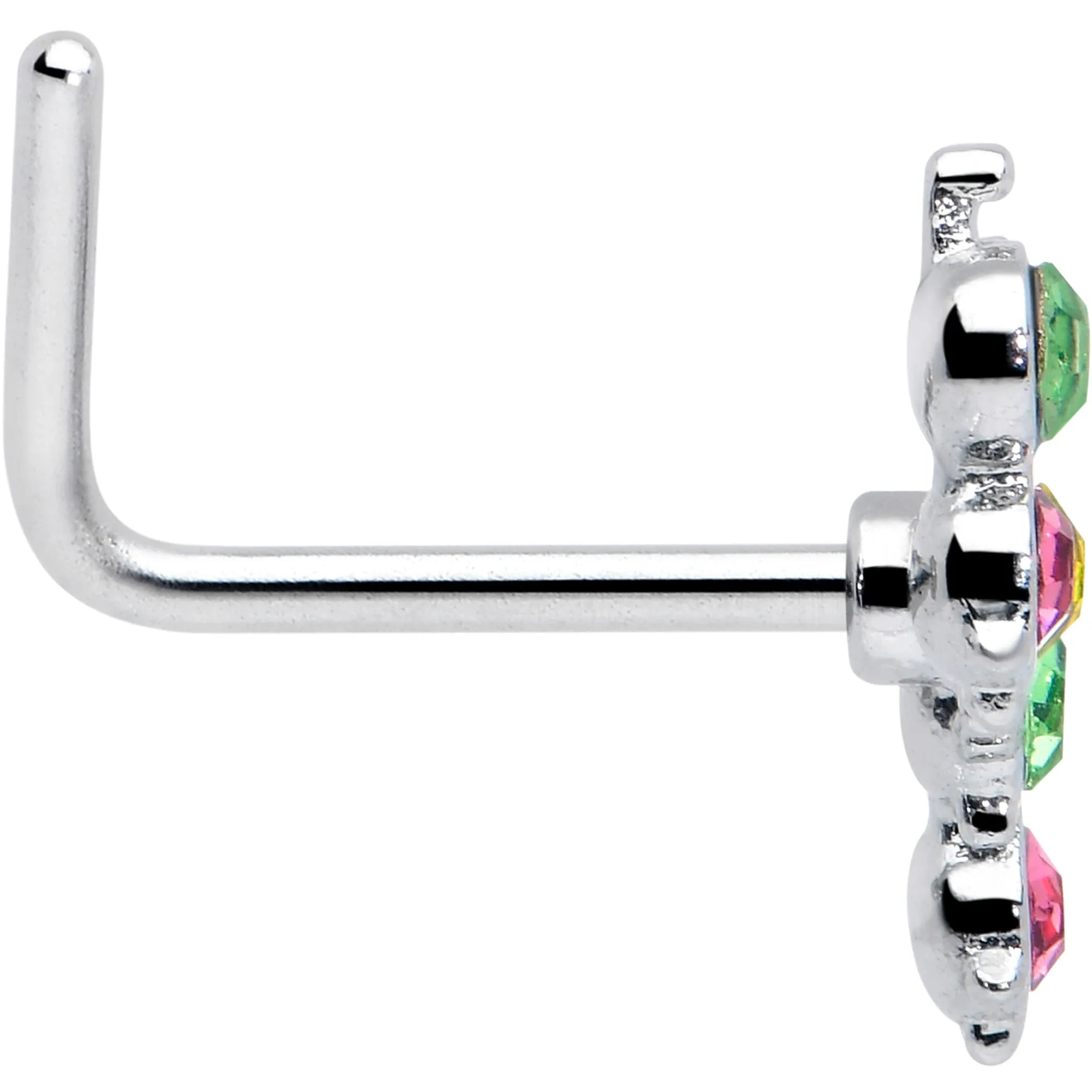 20 Gauge 7mm Pink Green CZ Gem Caterpillar L Shape Nose Ring