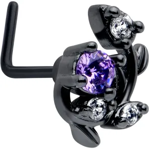 20 Gauge 7mm Purple Clear Gem Black Twining Vine L Shape Nose Ring