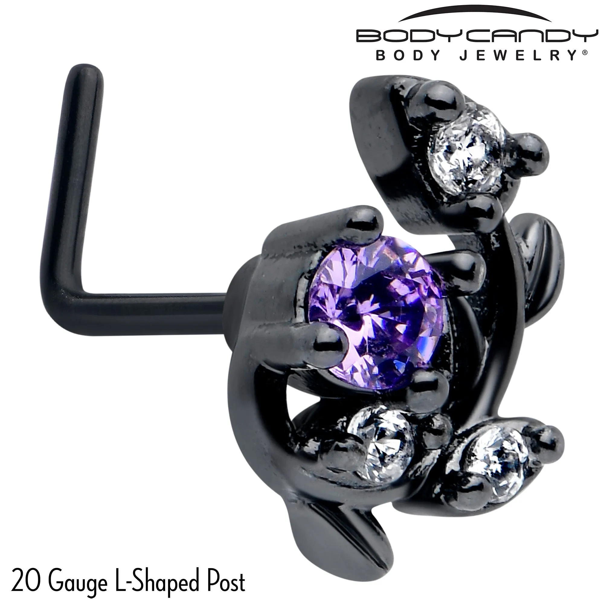 20 Gauge 7mm Purple Clear Gem Black Twining Vine L Shape Nose Ring