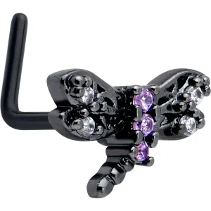 20 Gauge 7mm Purple CZ Gem Black Night Dragonfly L Shape Nose Ring