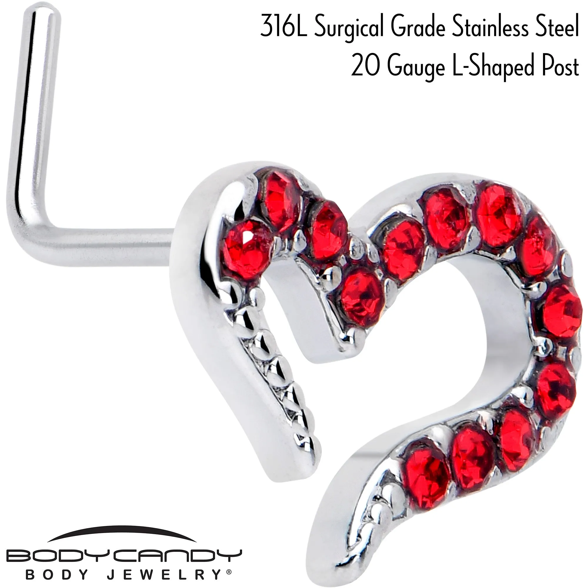 20 Gauge 7mm Red Gem Stylized Heart L Shape Nose Ring