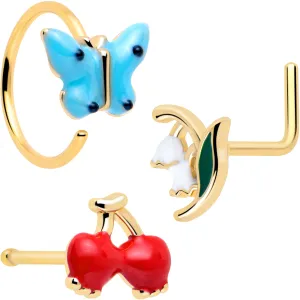 20 Gauge Gold Tone Cherry Flower L Shape Nose Hoop Nose Bone Set of 3
