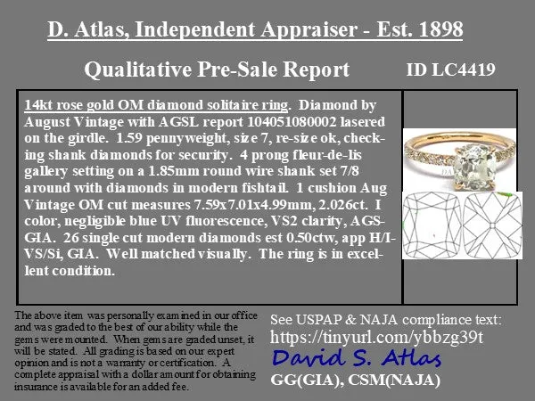 2.03ct August Vintage Cushion Cut Diamond Ring