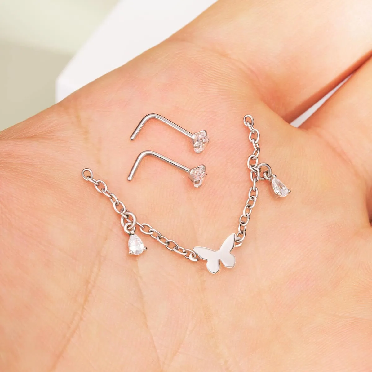20G Removable Style Butterfly and Teardrop Dangle Nose Piercing Chain