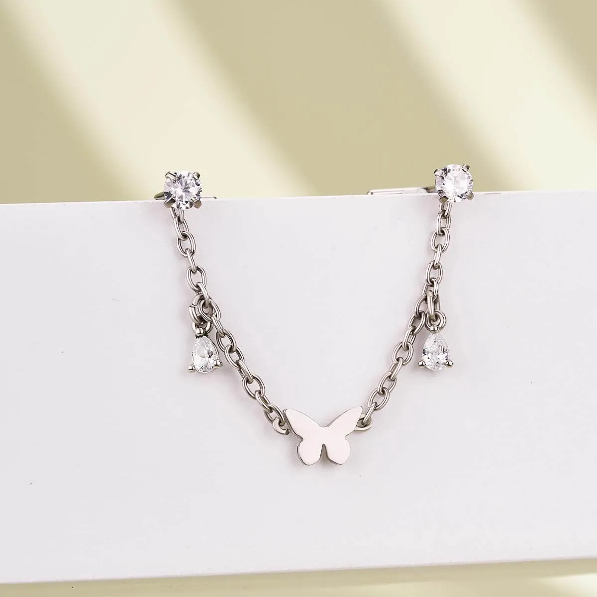20G Removable Style Butterfly and Teardrop Dangle Nose Piercing Chain