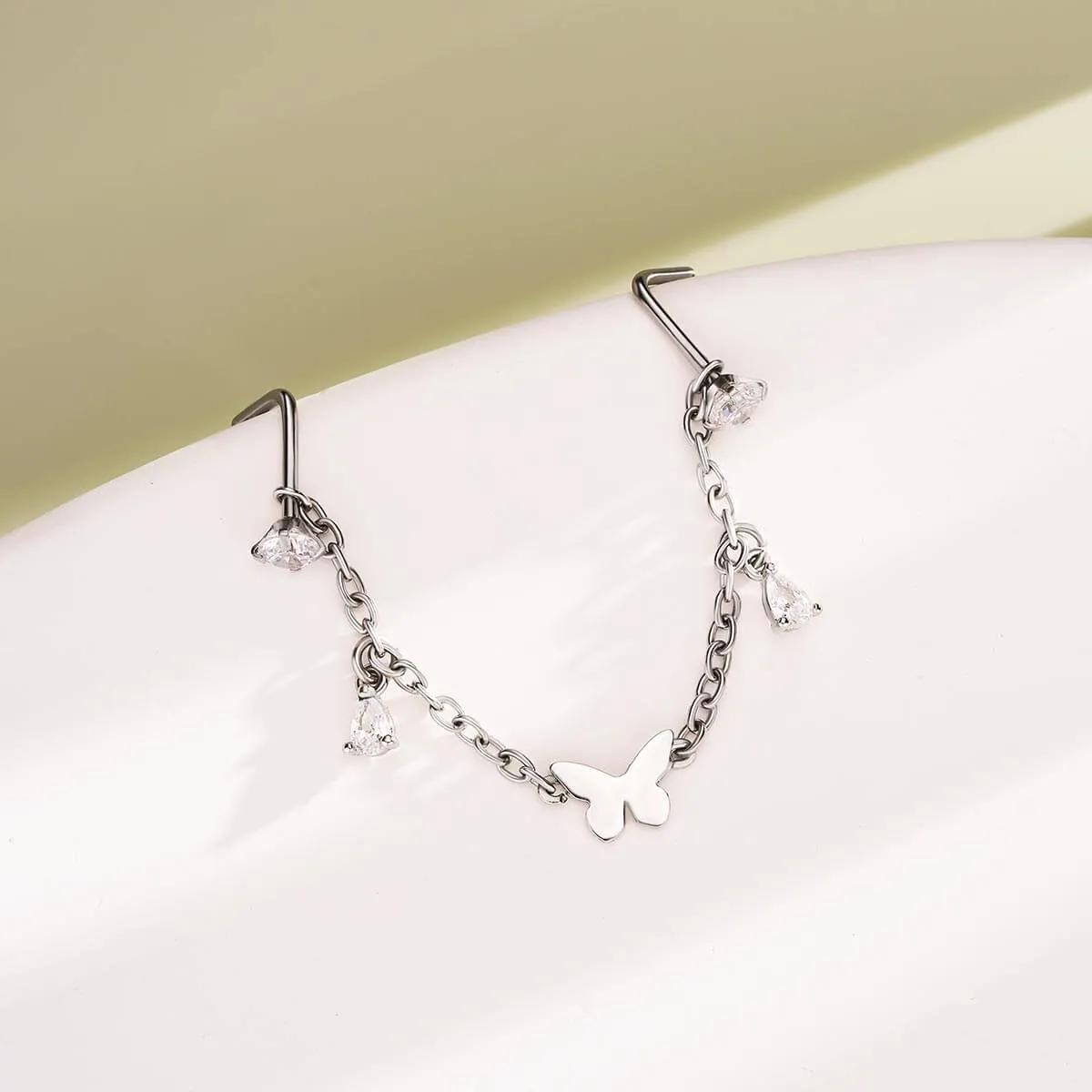 20G Removable Style Butterfly and Teardrop Dangle Nose Piercing Chain