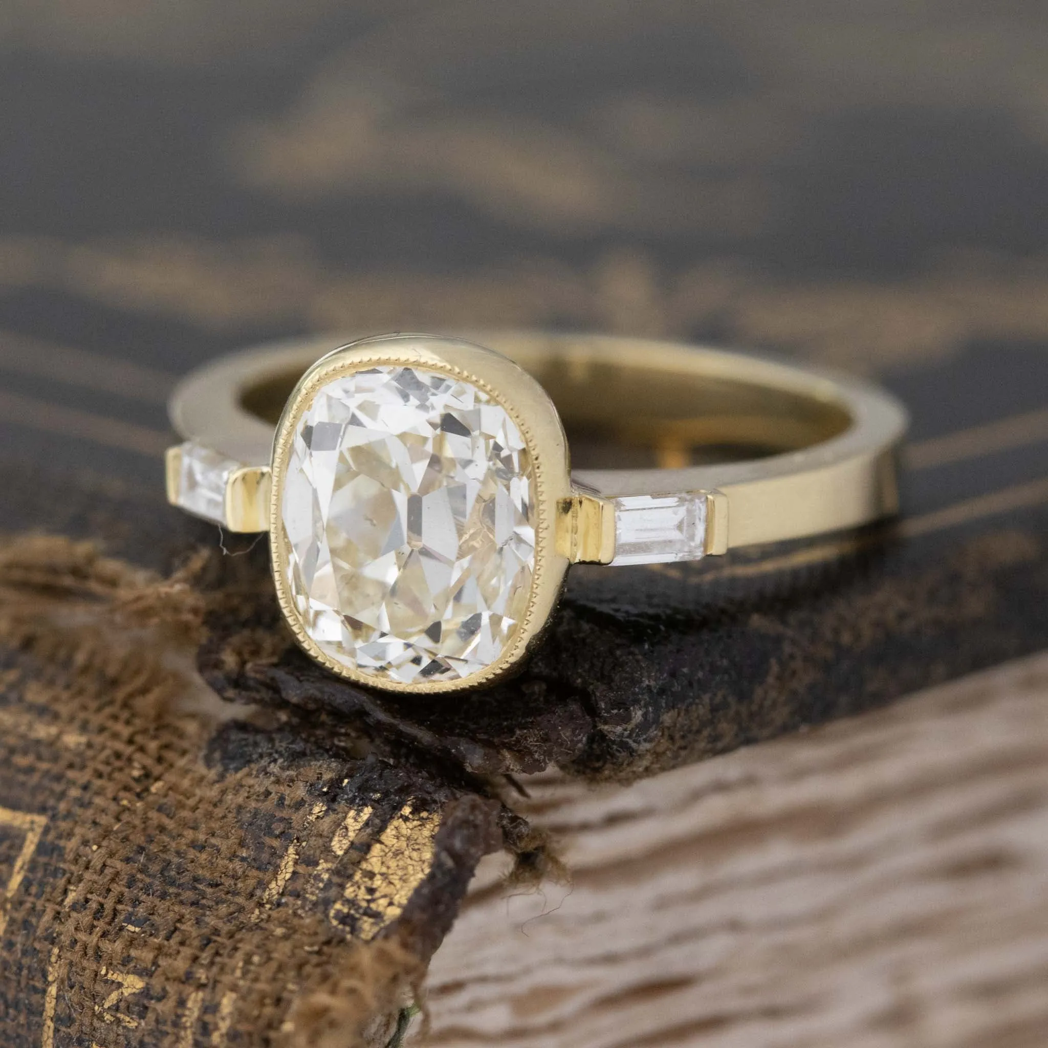 2.20ct Elongated Cushion Cut Diamond Bezel Ring, GIA M SI2