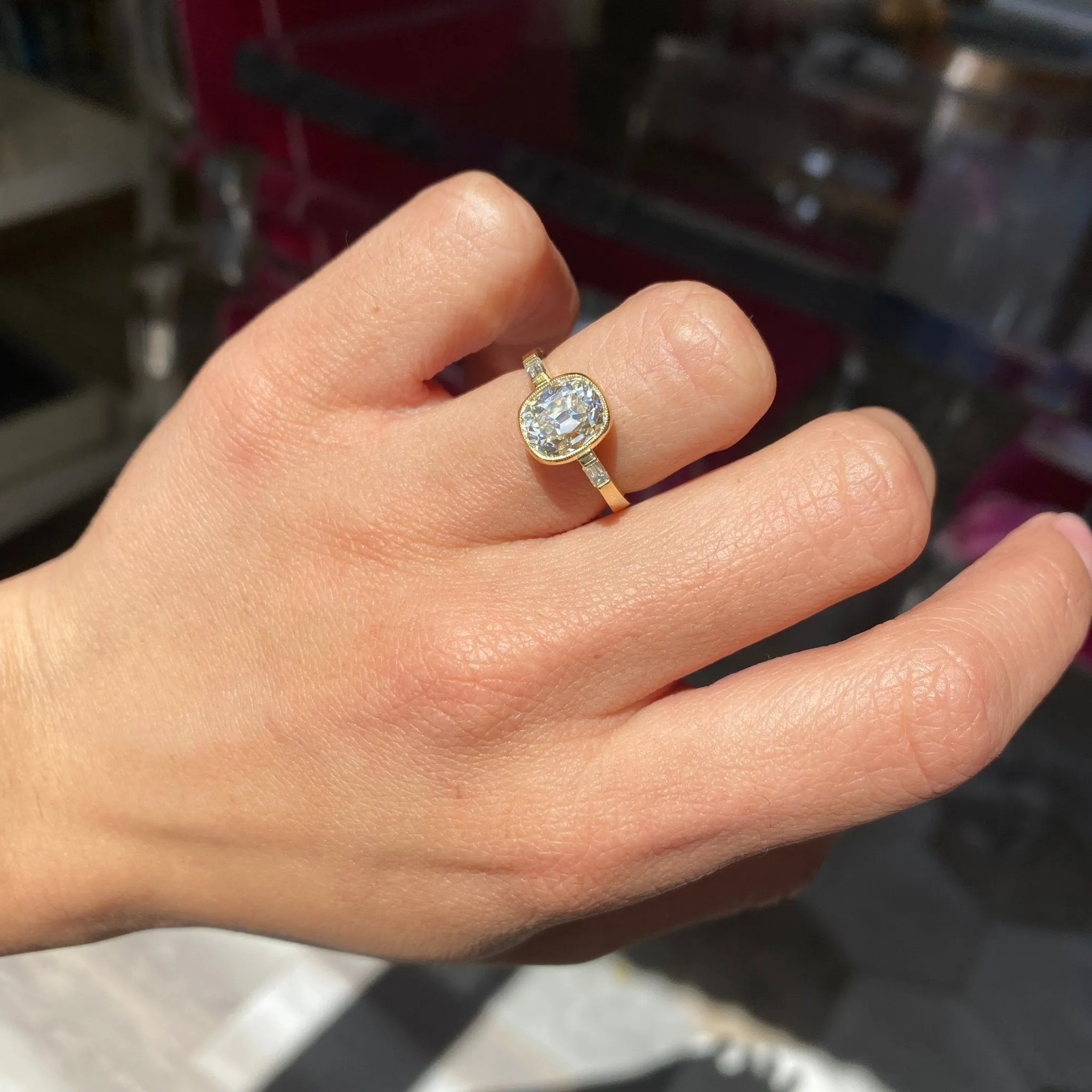 2.20ct Elongated Cushion Cut Diamond Bezel Ring, GIA M SI2