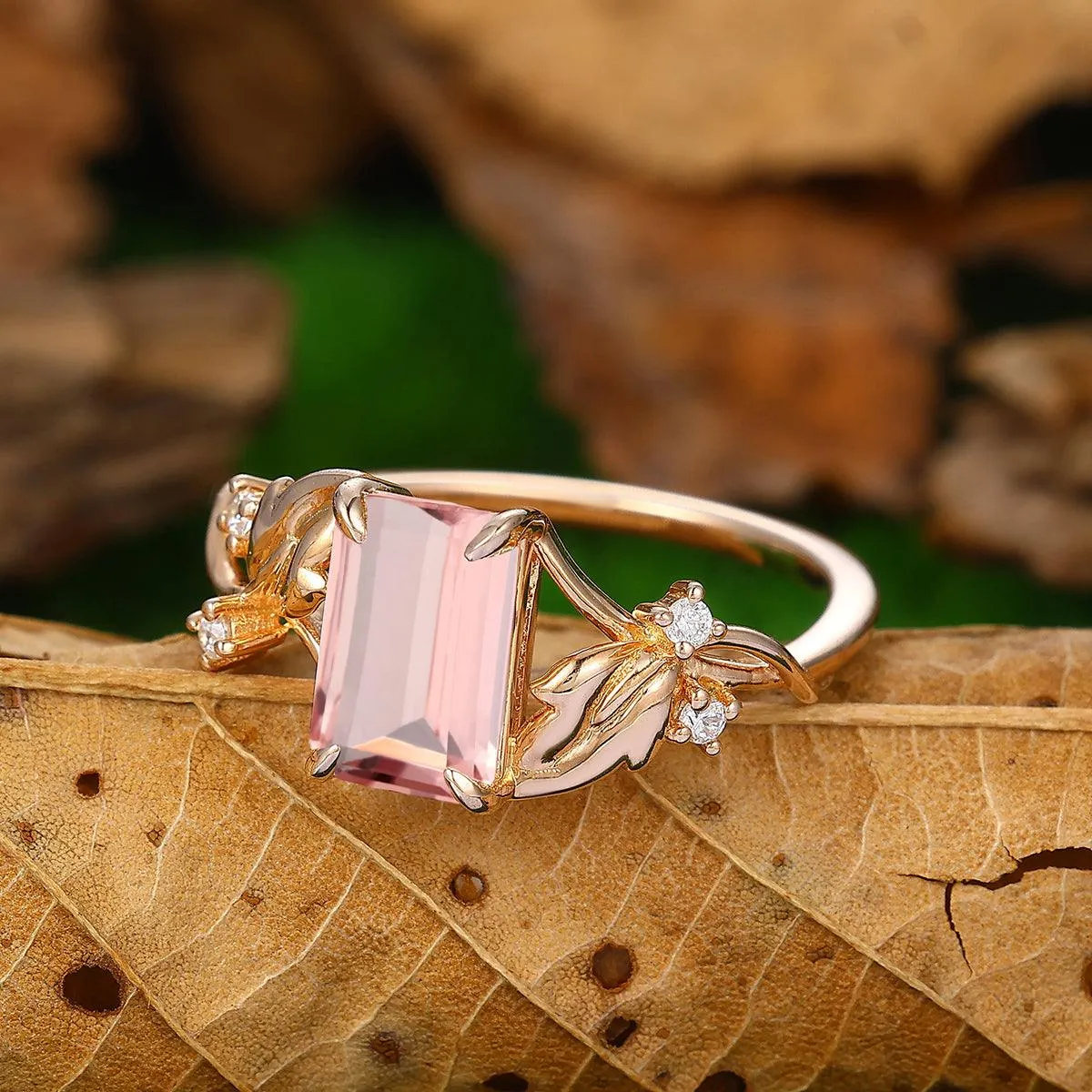 2.5ct Emerald Cut Leaf Band Natural Pink Morganite 10k Solid Gold Bridal Ring