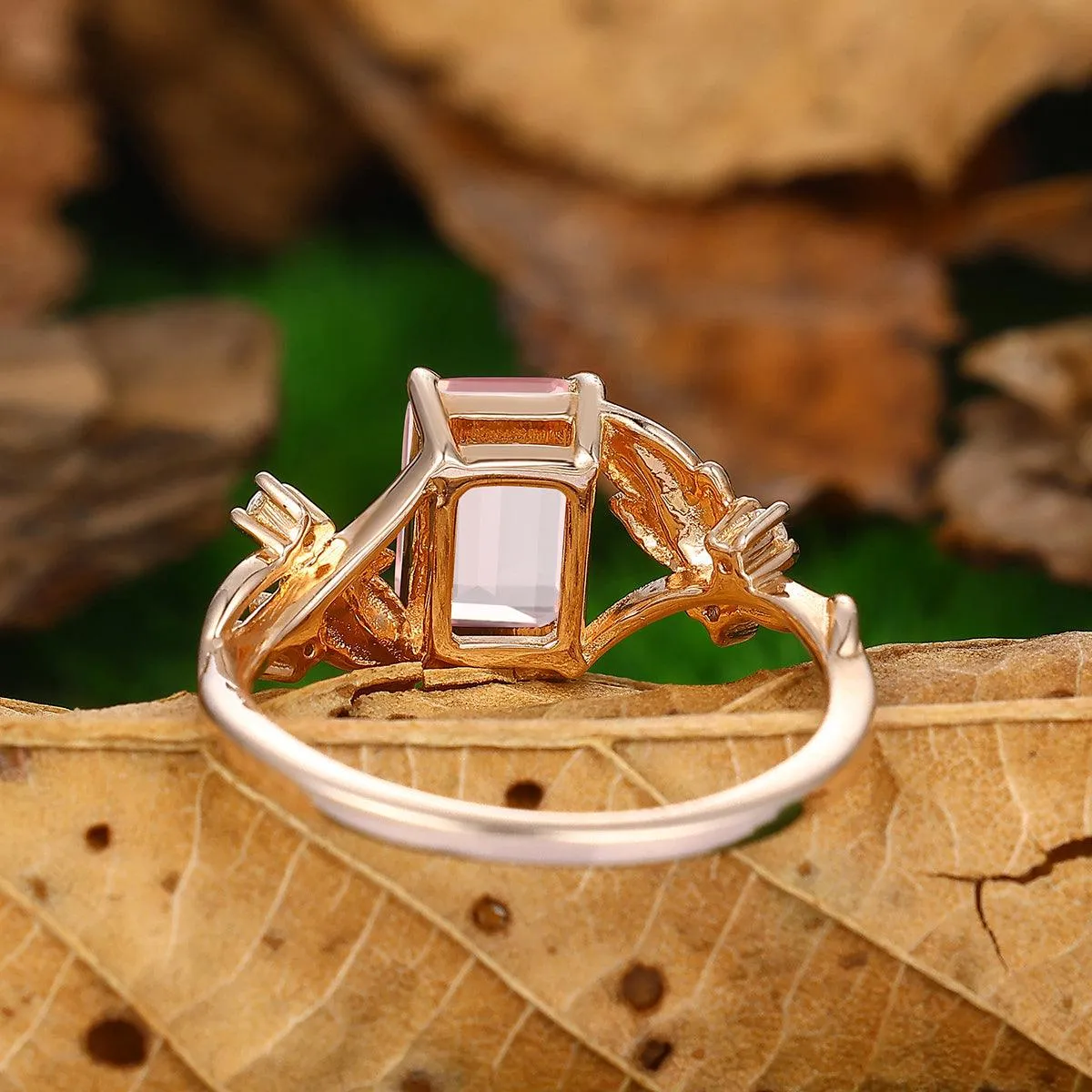 2.5ct Emerald Cut Leaf Band Natural Pink Morganite 10k Solid Gold Bridal Ring