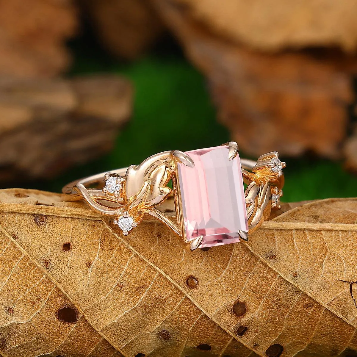2.5ct Emerald Cut Leaf Band Natural Pink Morganite 10k Solid Gold Bridal Ring