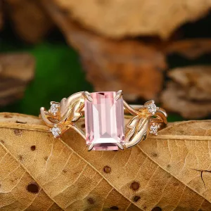 2.5ct Emerald Cut Leaf Band Natural Pink Morganite 10k Solid Gold Bridal Ring
