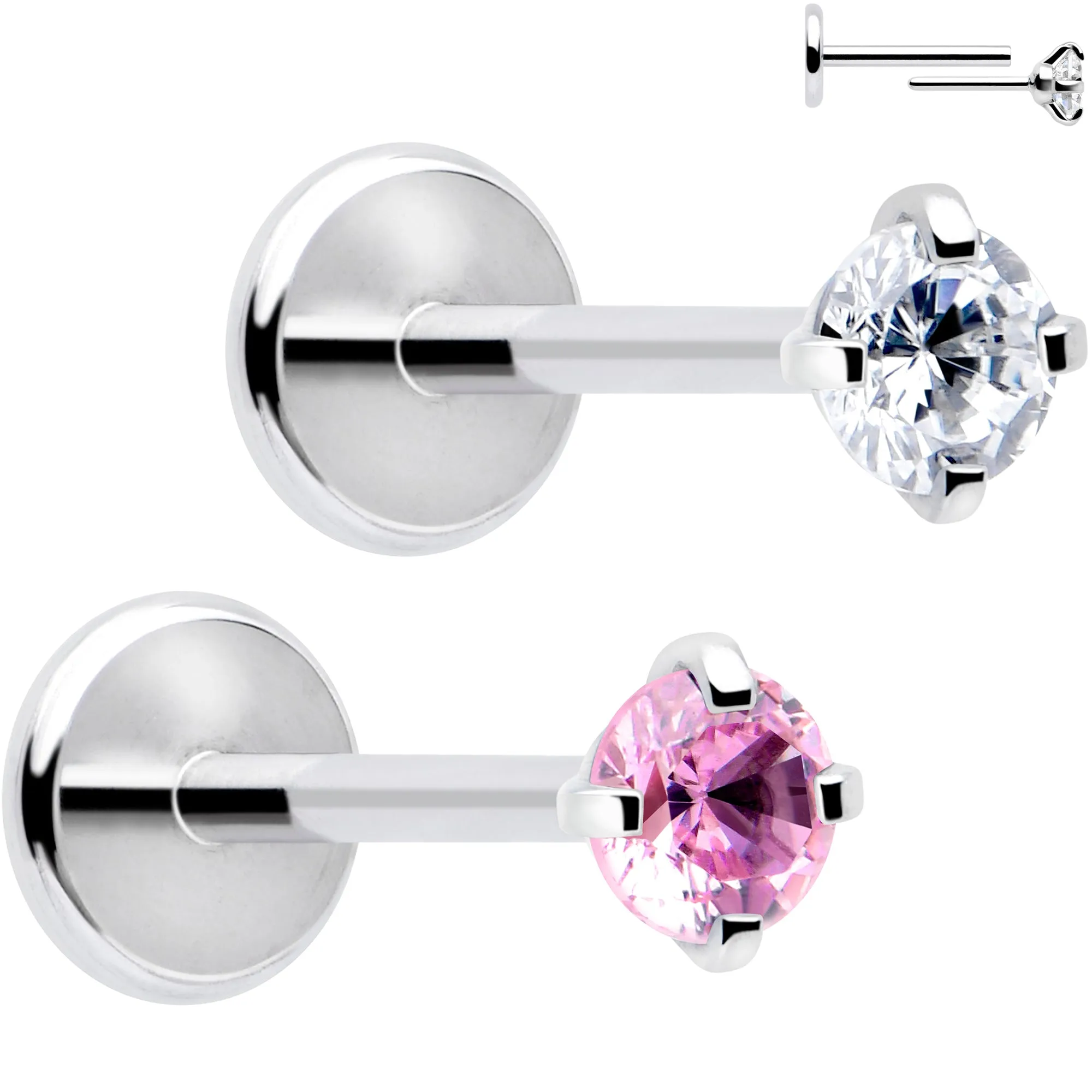 2.5mm Gem Flat Back Earring Threadless Push In Stud 20 Gauge