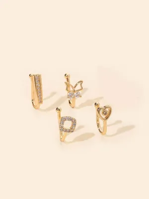 4pcs Zircon & Heart Decor Nose Ring - Gold- FD ⚡