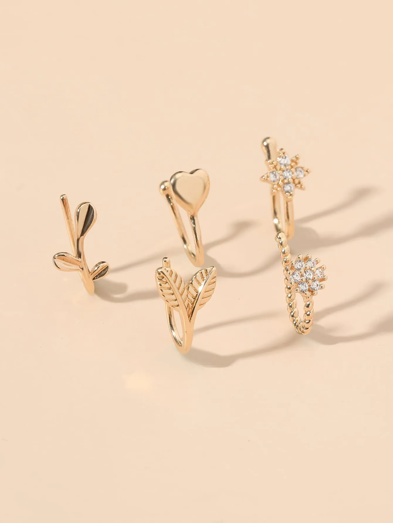 5pcs Leaf & Heart Decor Nose Cuff - Gold- FD ⚡