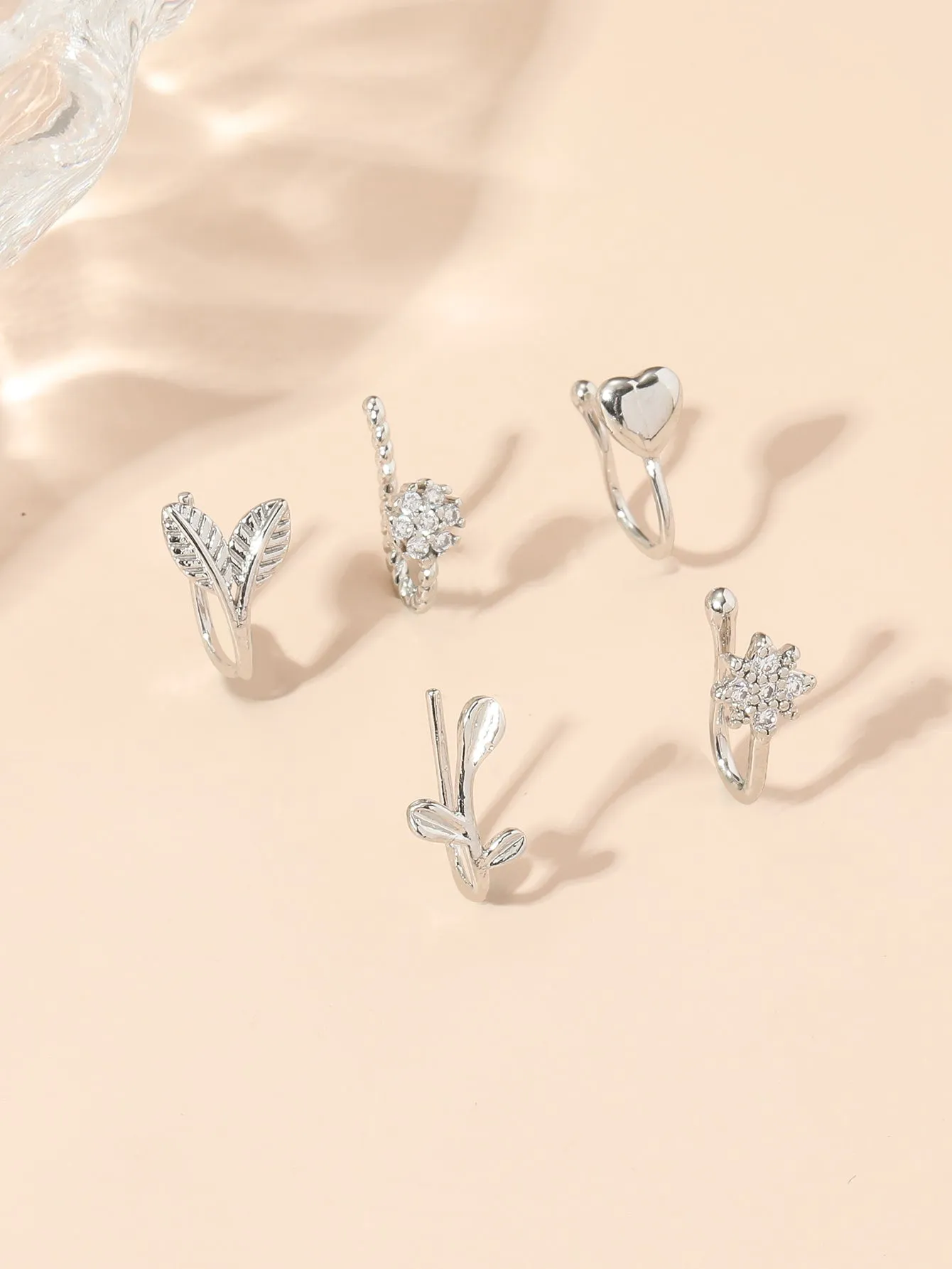 5pcs Leaf & Heart Decor Nose Cuff