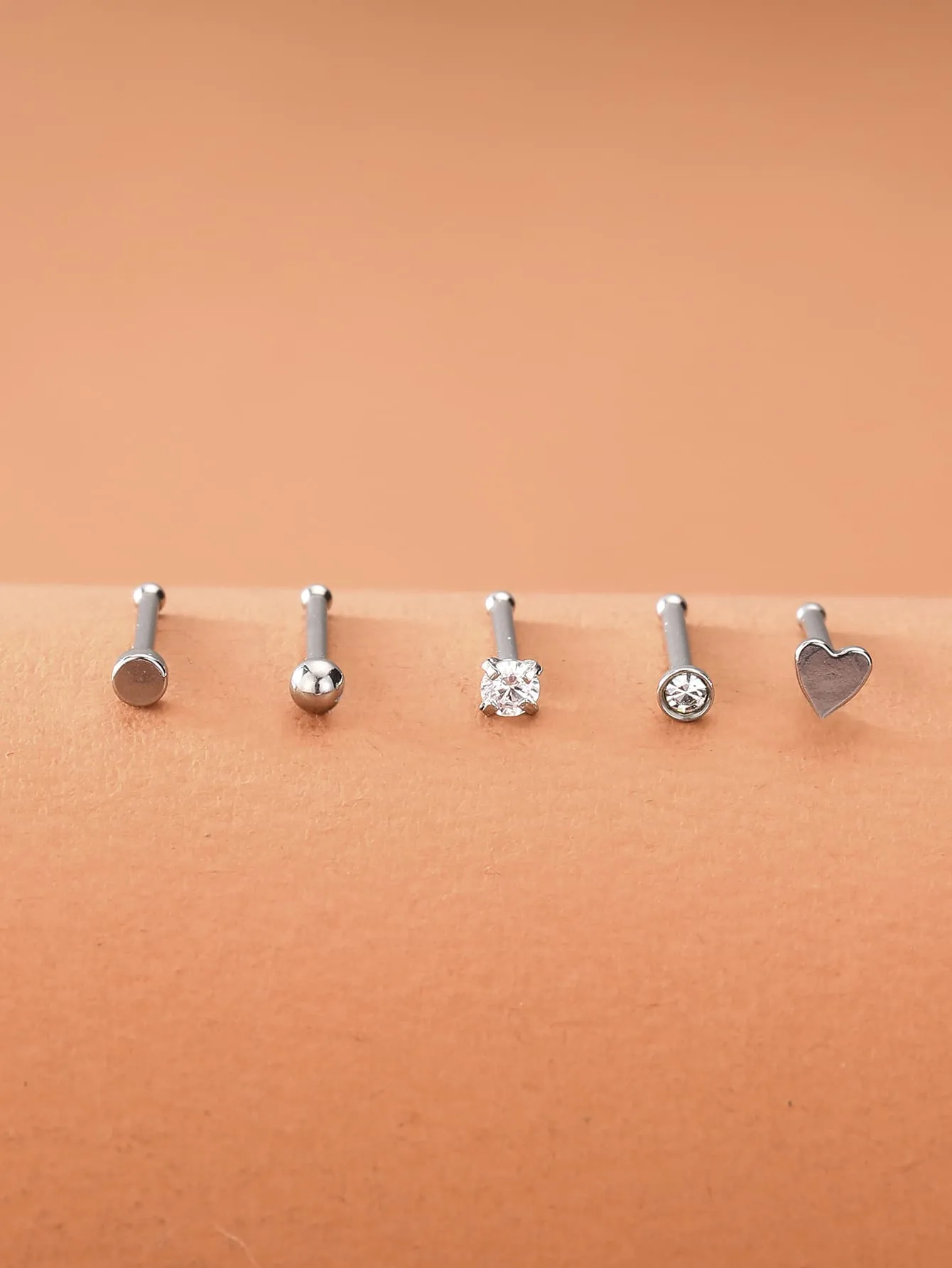 5pcs Zircon & Heart Decor Nose Stud - Silver