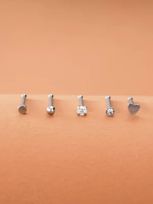 5pcs Zircon & Heart Decor Nose Stud - Silver